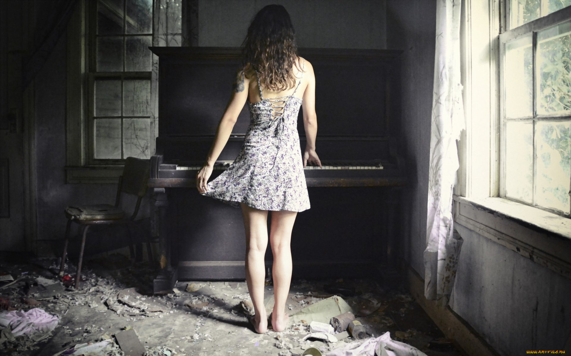 музыка, -другое, комната, окно, пианино, девушка