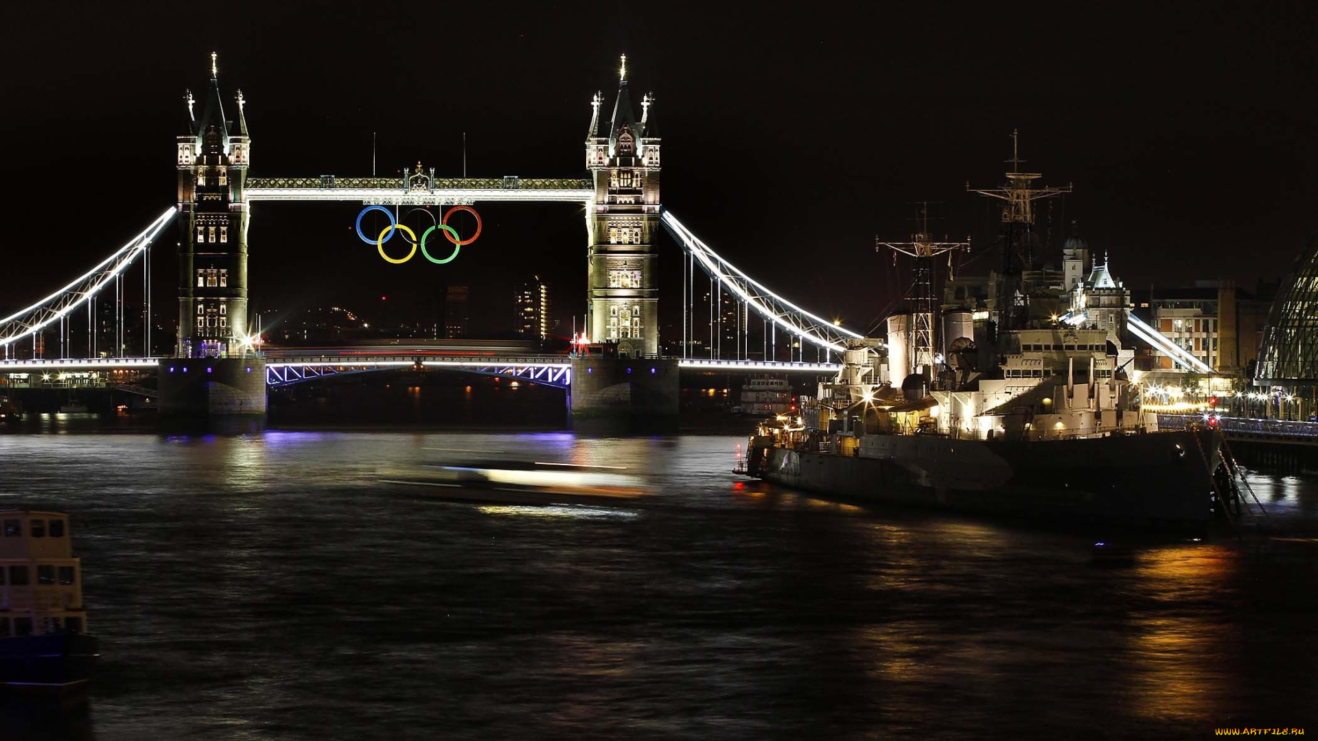 города, лондон, великобритания, корабль, темза, река, ночь, тауэрский, мост, олимпийские, кольца
