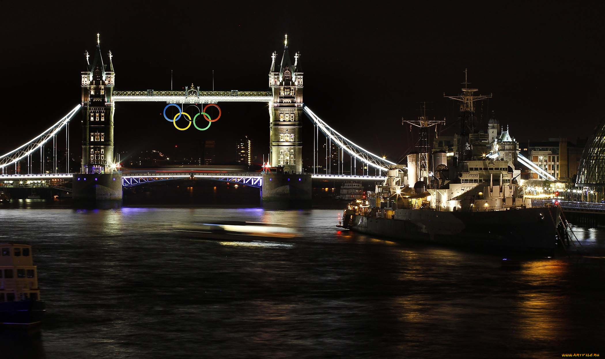 города, лондон, великобритания, корабль, темза, река, ночь, тауэрский, мост, олимпийские, кольца