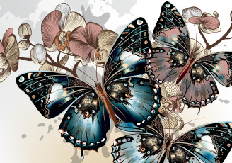 обоя векторная графика, животные, цветы, фон, цвета, окрас, крылья, орхидеи, бабочки