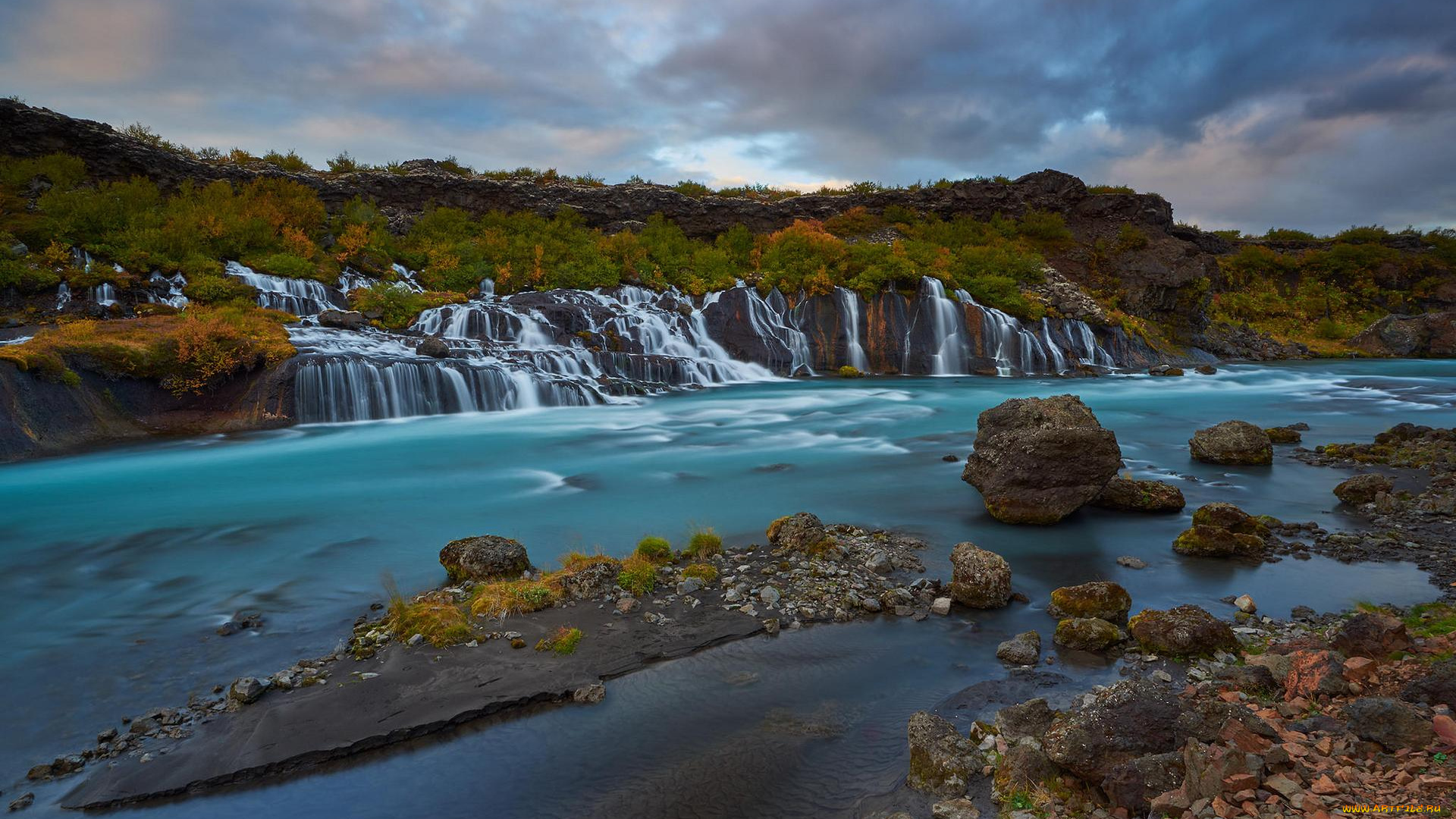 природа, водопады, скалы, река, исландия, хвитау, хрёйнфоссар