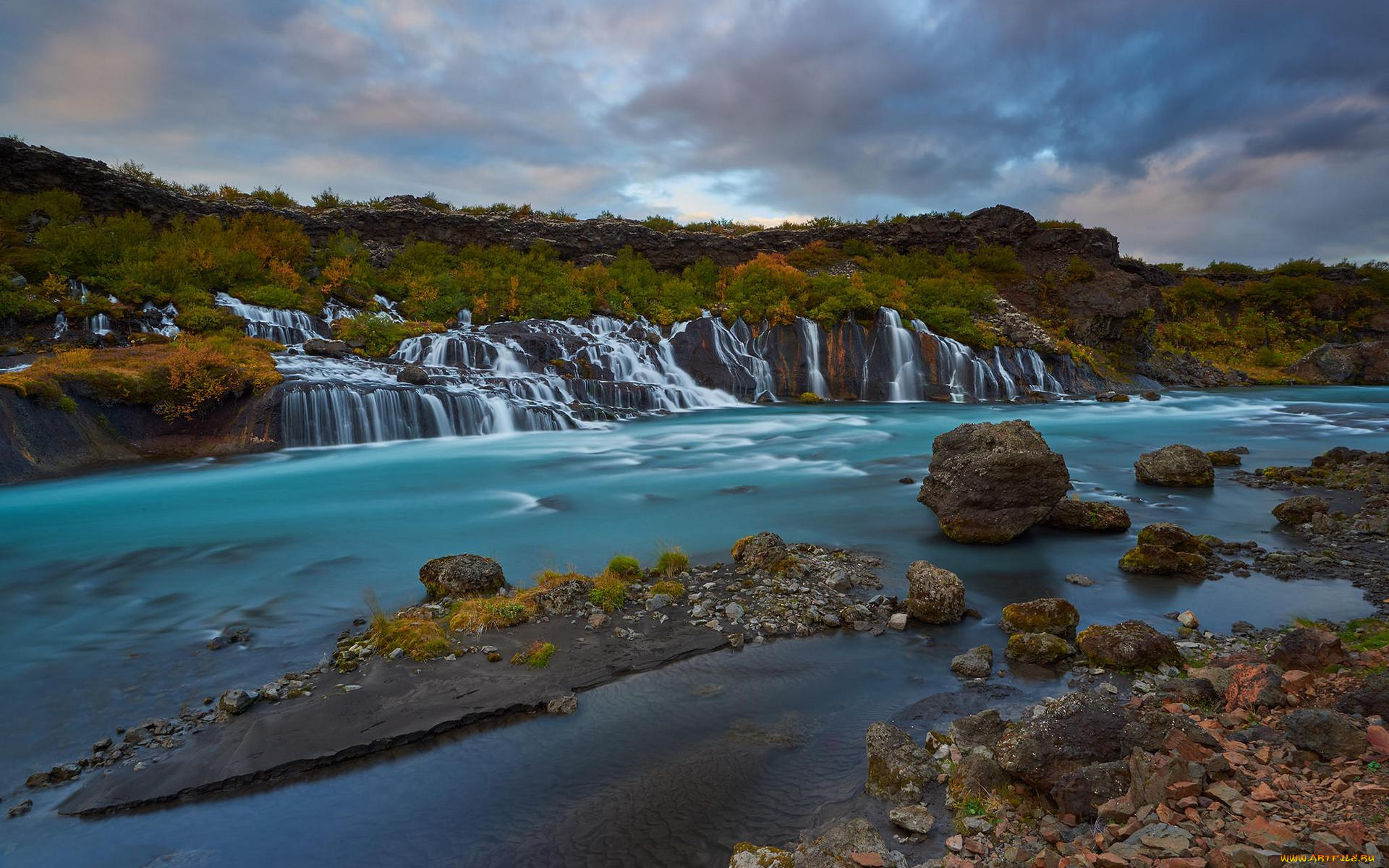 природа, водопады, скалы, река, исландия, хвитау, хрёйнфоссар