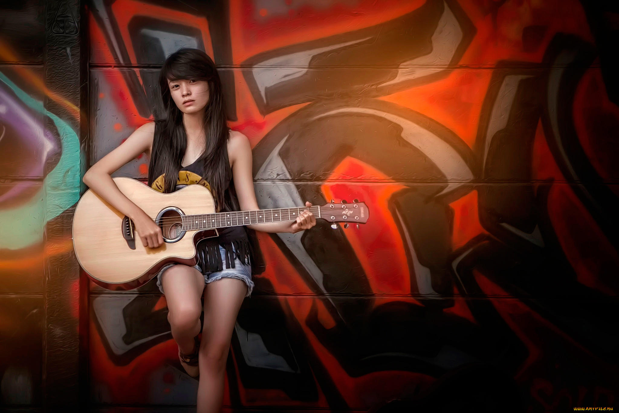 музыка, -, другое, гитаристка, стена, граффити, гитара, девушка, взгляд