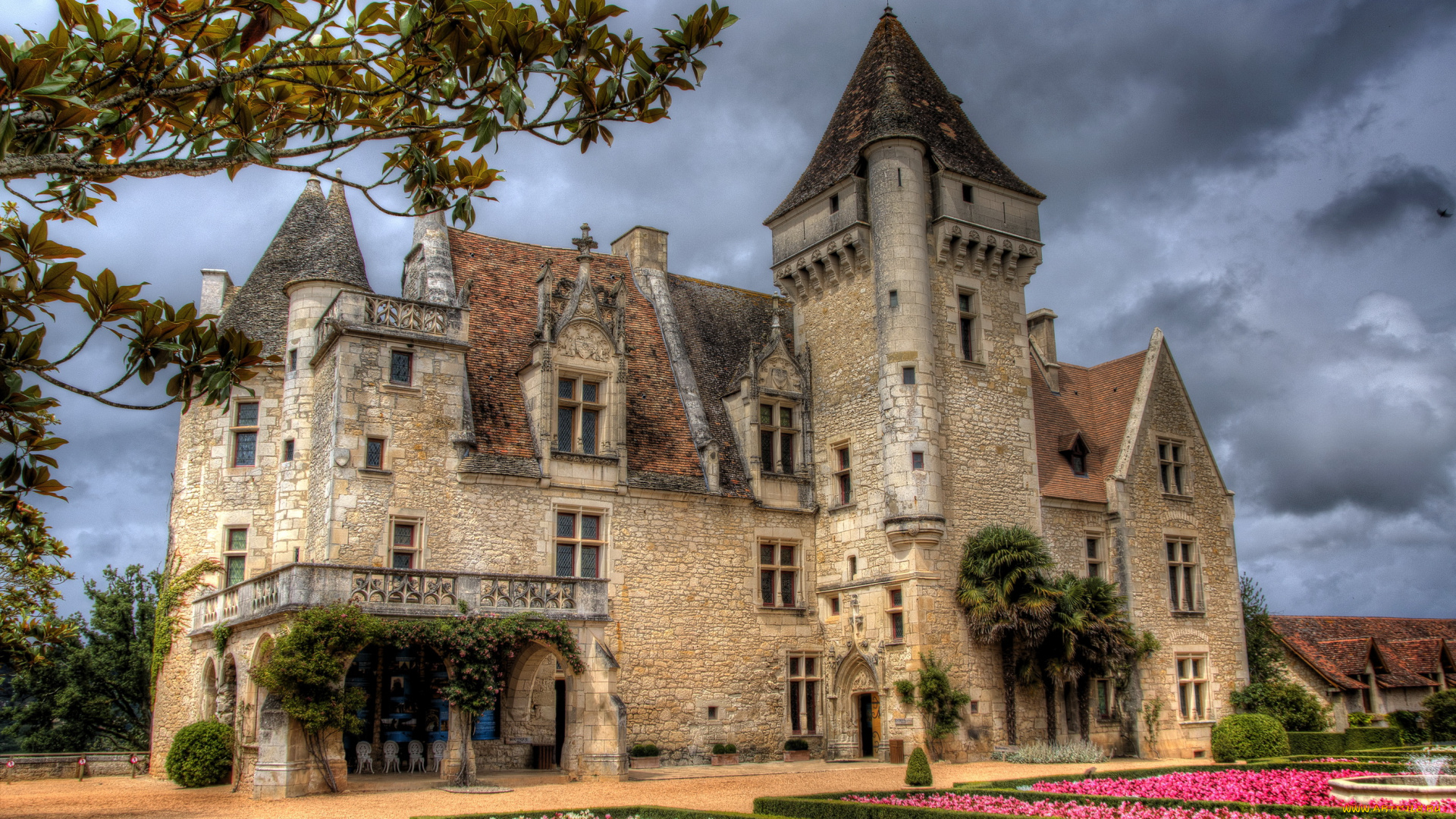 chateau, des, milandes, франция, города, дворцы, замки, крепости, цветы, замок, клумбы