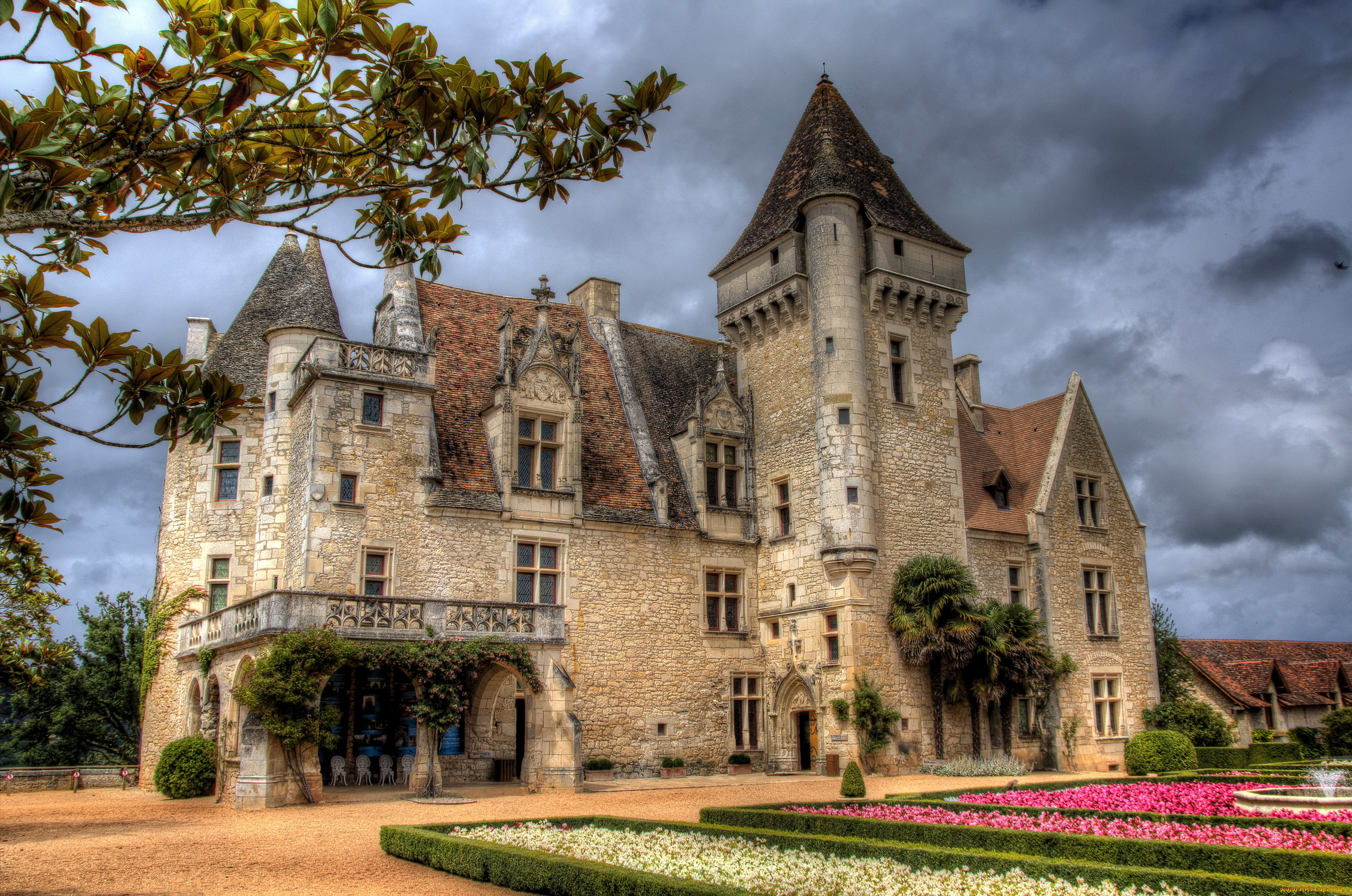 chateau, des, milandes, франция, города, дворцы, замки, крепости, цветы, замок, клумбы