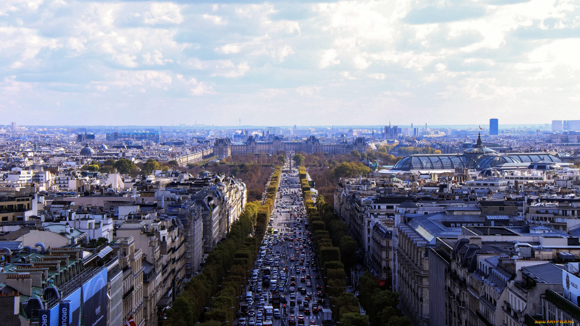 города, париж, , франция, дома, движение, улица, панорама