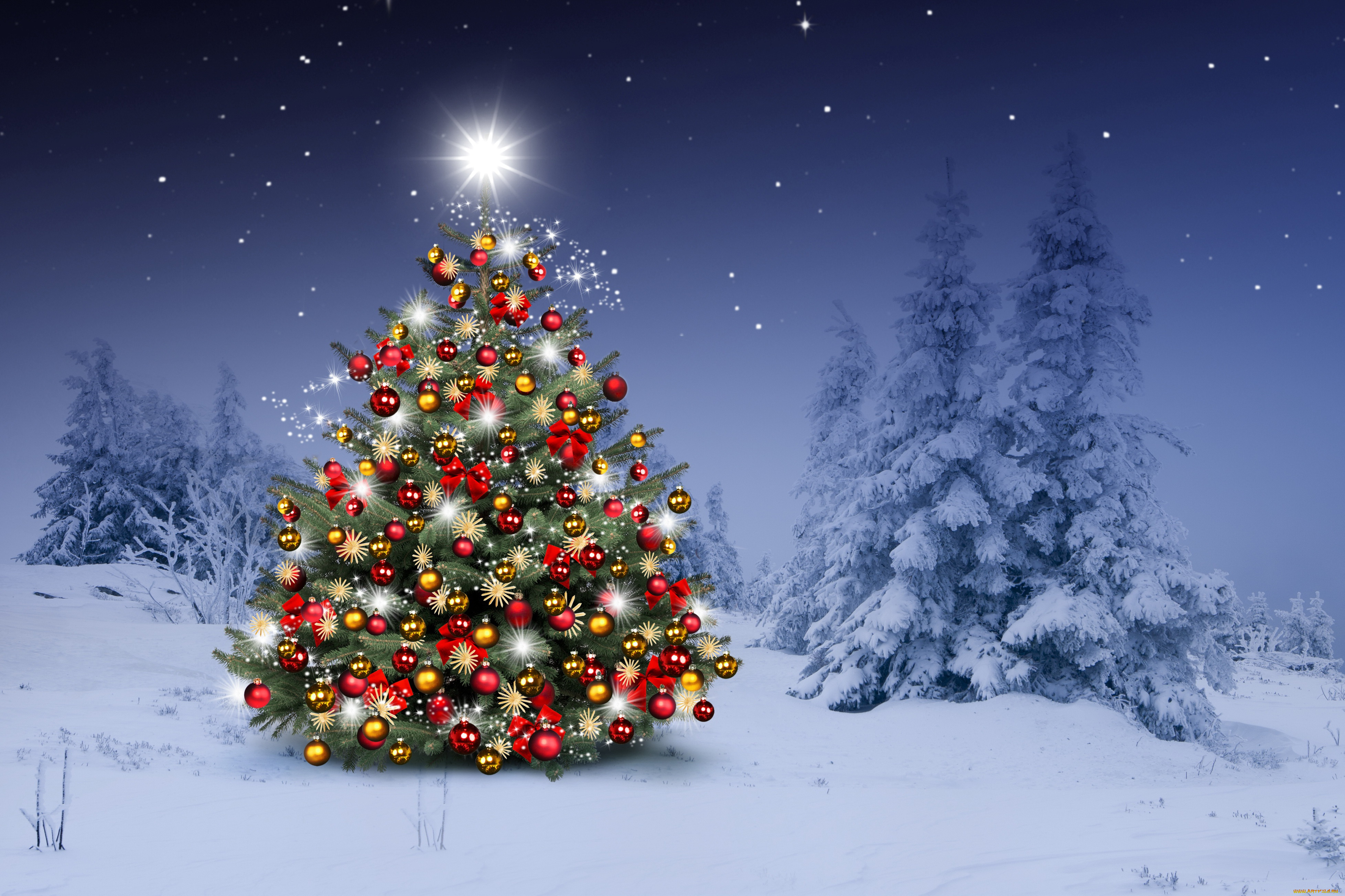праздничные, Ёлки, новый, год, merry, christmas, новогодняя, елка, снежинки, winter, елки, украшения, рождество, xmas, snow, зима, tree, шары, night, снег, decoration, happy