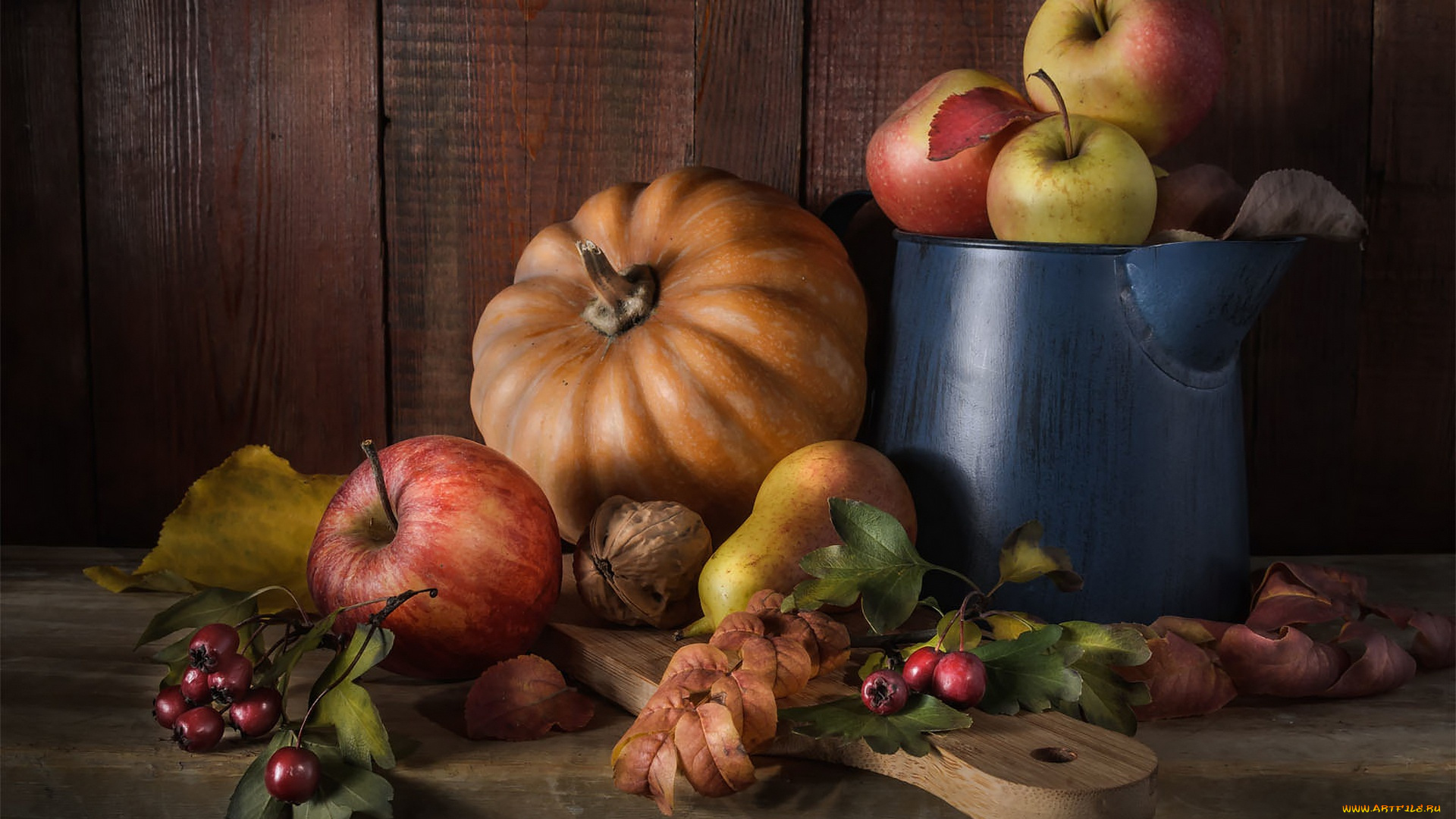 еда, фрукты, и, овощи, вместе, осень, листья, ягоды, стол, яблоки, доски, плоды, тыква