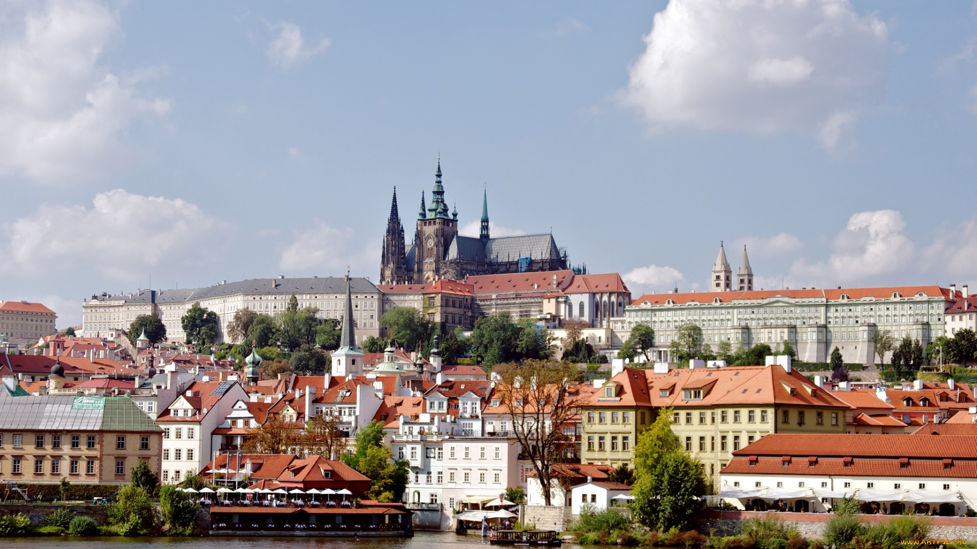 города, прага, Чехия, панорама, река, здания, крыши