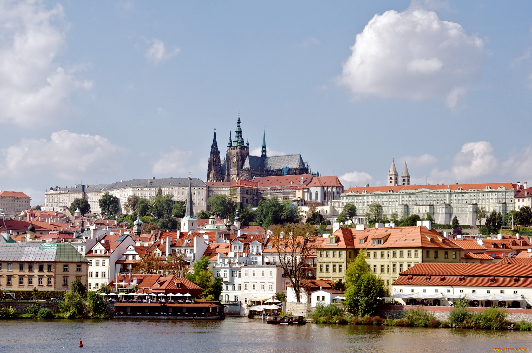 города, прага, Чехия, панорама, река, здания, крыши