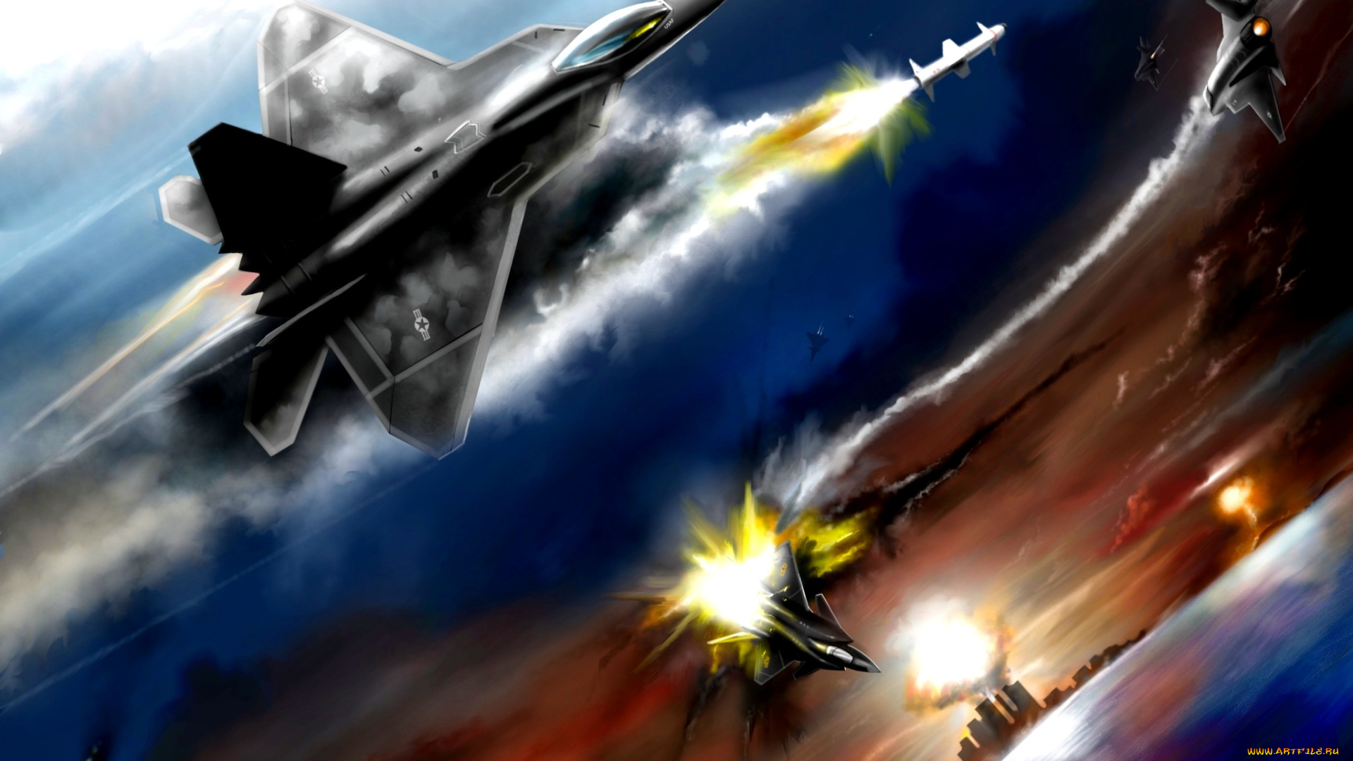 воздушная, битва, авиация, 3д, рисованые, v-graphic, битва, китай, сша, самолеты, f-22, j-20