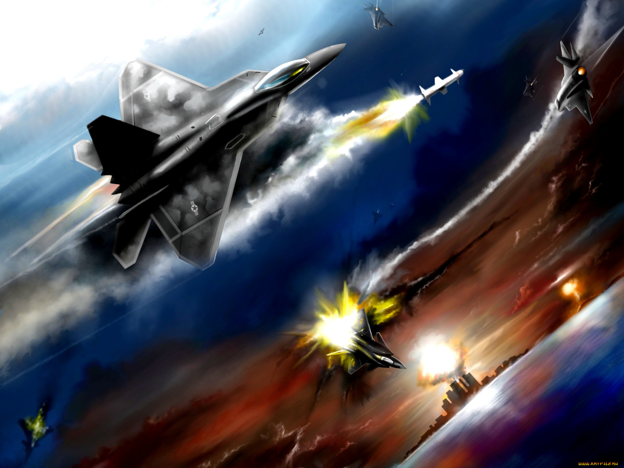 воздушная, битва, авиация, 3д, рисованые, v-graphic, битва, китай, сша, самолеты, f-22, j-20