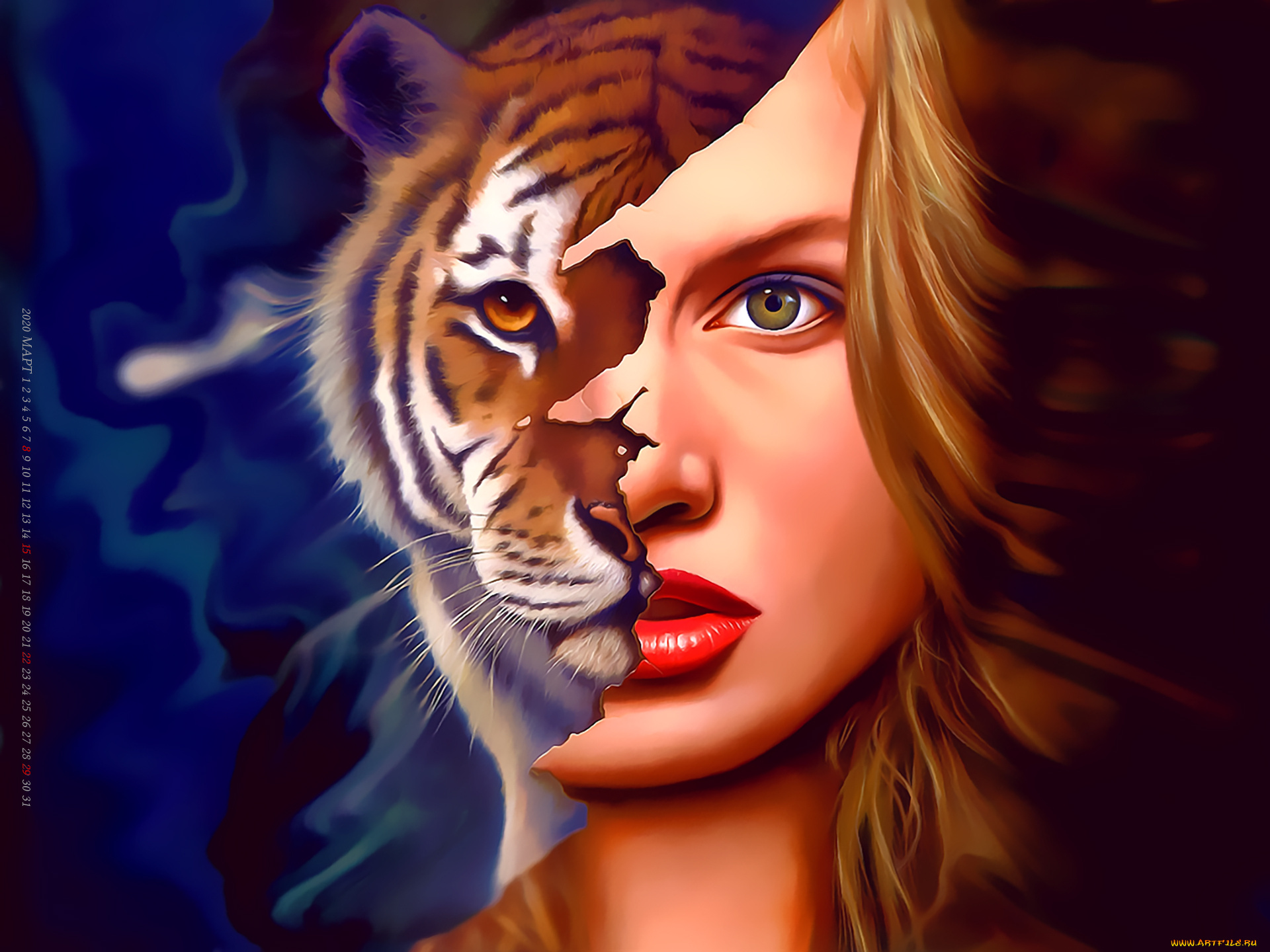 календари, фэнтези, маска, лицо, девушка, тигр, животное, хищник, calendar, 2020