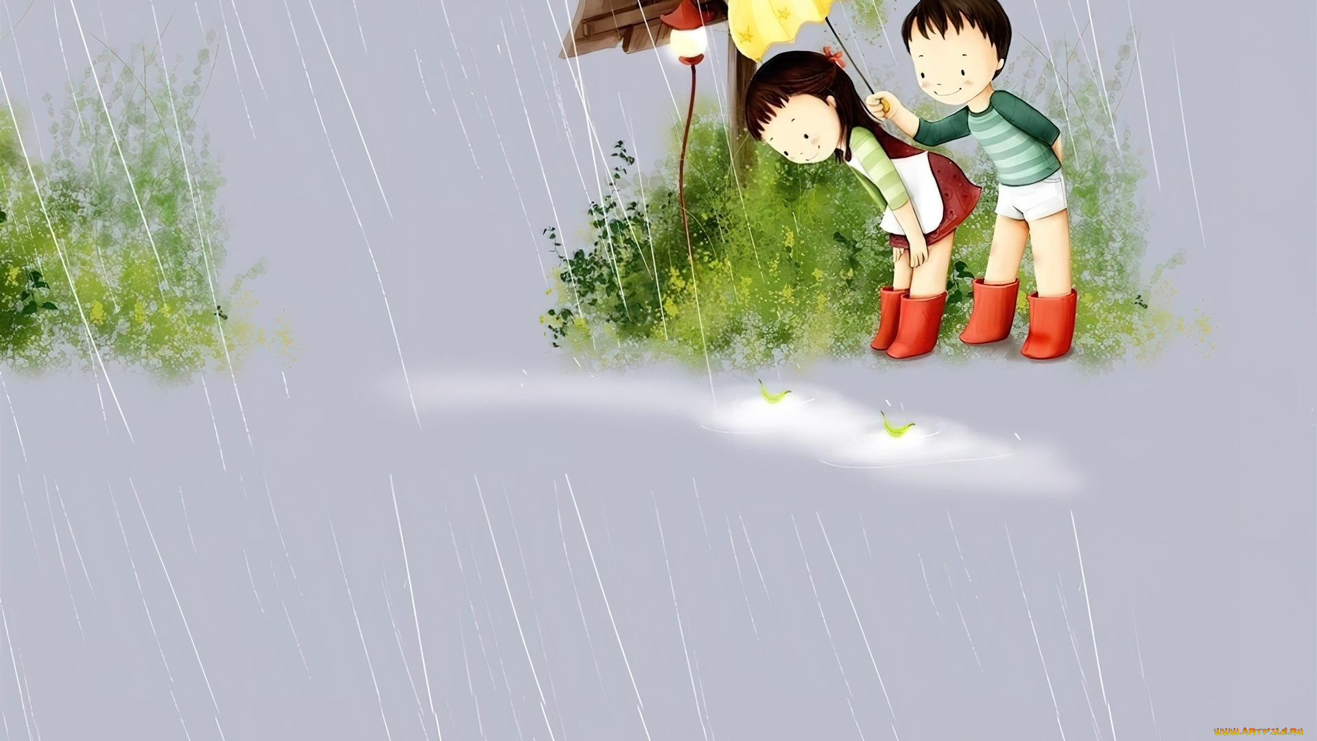 рисованное, дети, мальчик, девочка, зонт, дождь