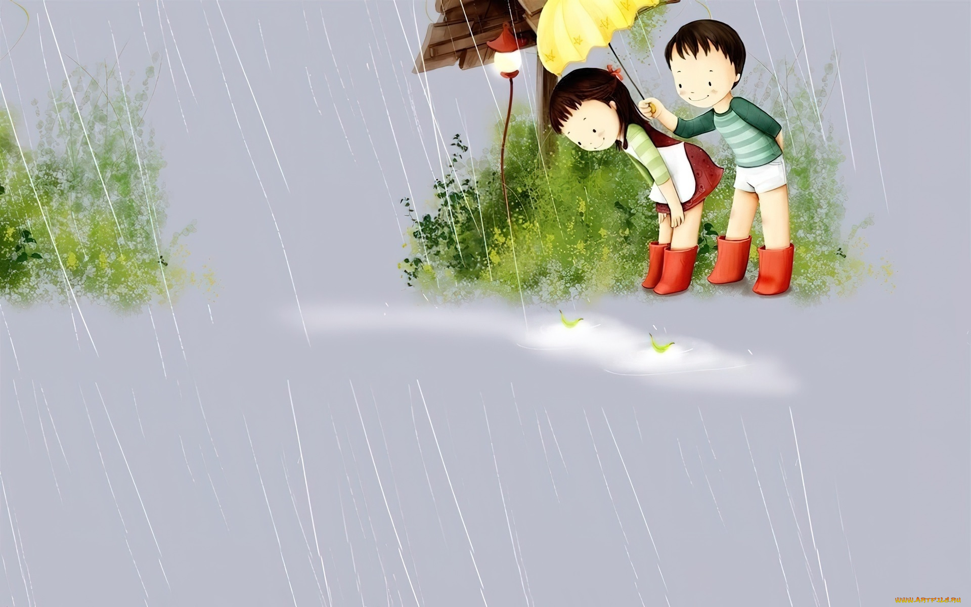 рисованное, дети, мальчик, девочка, зонт, дождь
