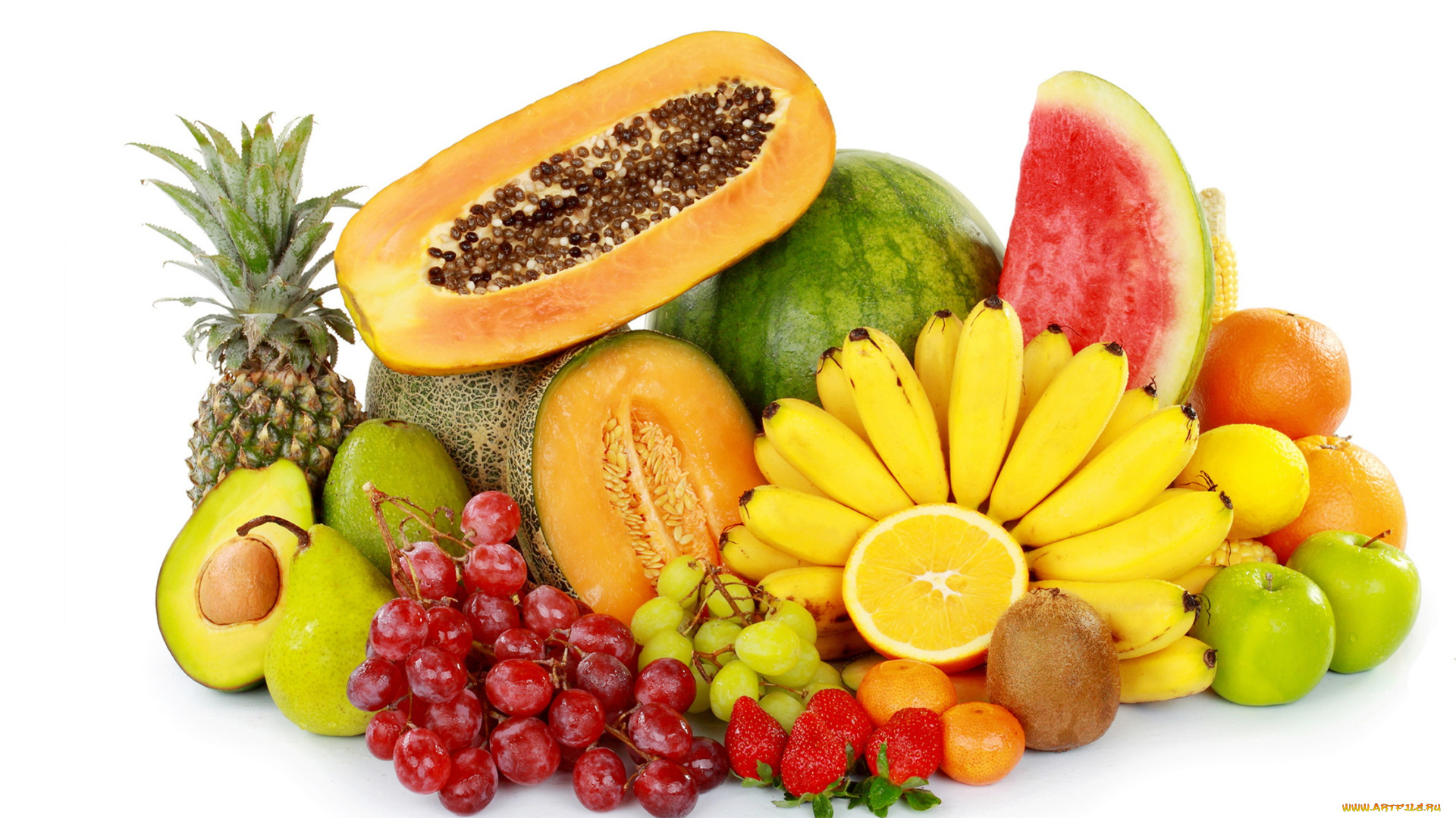 еда, фрукты, , ягоды, виноград, дыня, белый, фон, арбуз, клубника, банан
