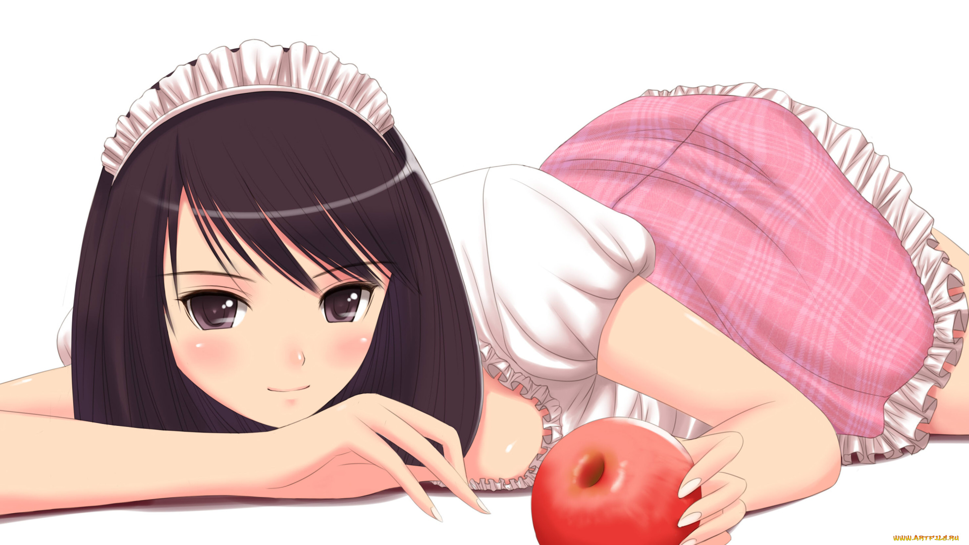 аниме, tony, taka, , mangaka, девушка, яблоко, белый, фон