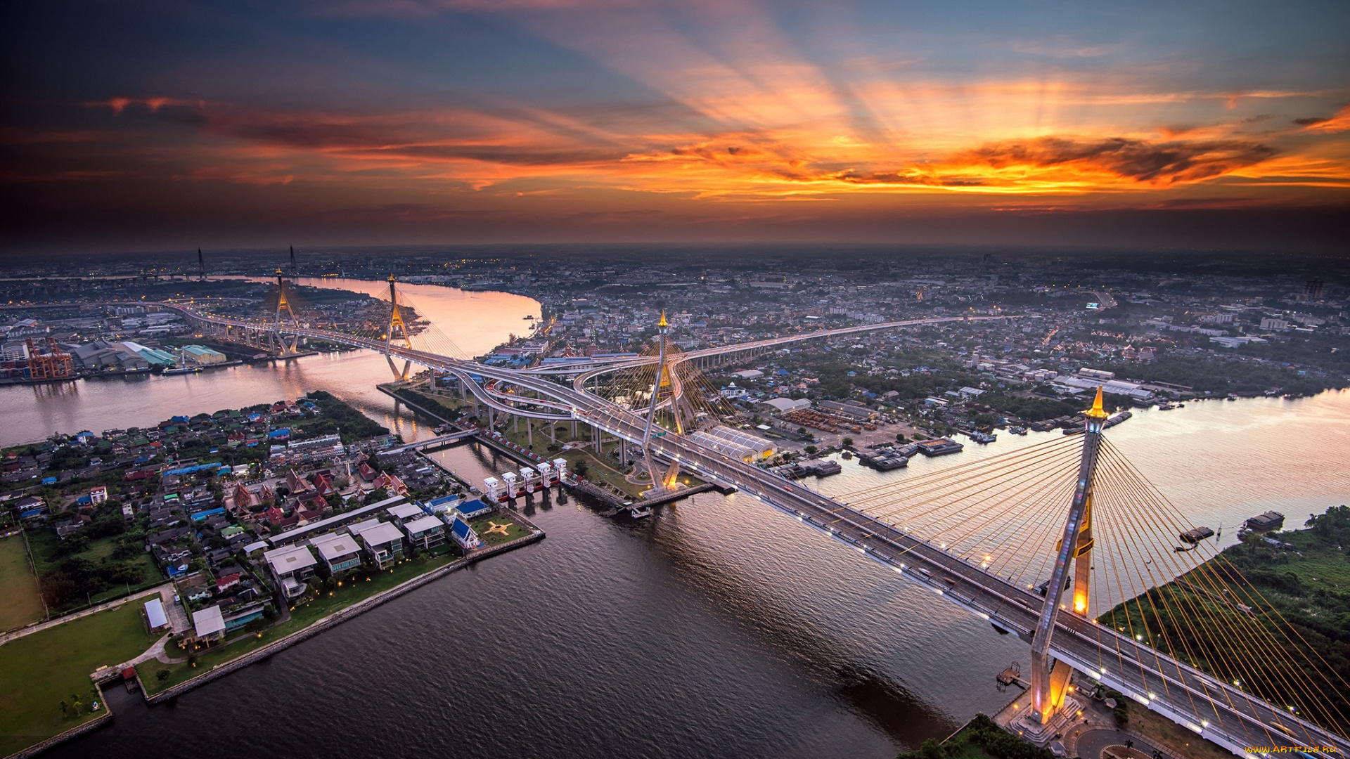 города, бангкок, , таиланд, город, бангкок, река, менам-Чао-прая, мост, дипангкорн, расмийоти, вечер, небо