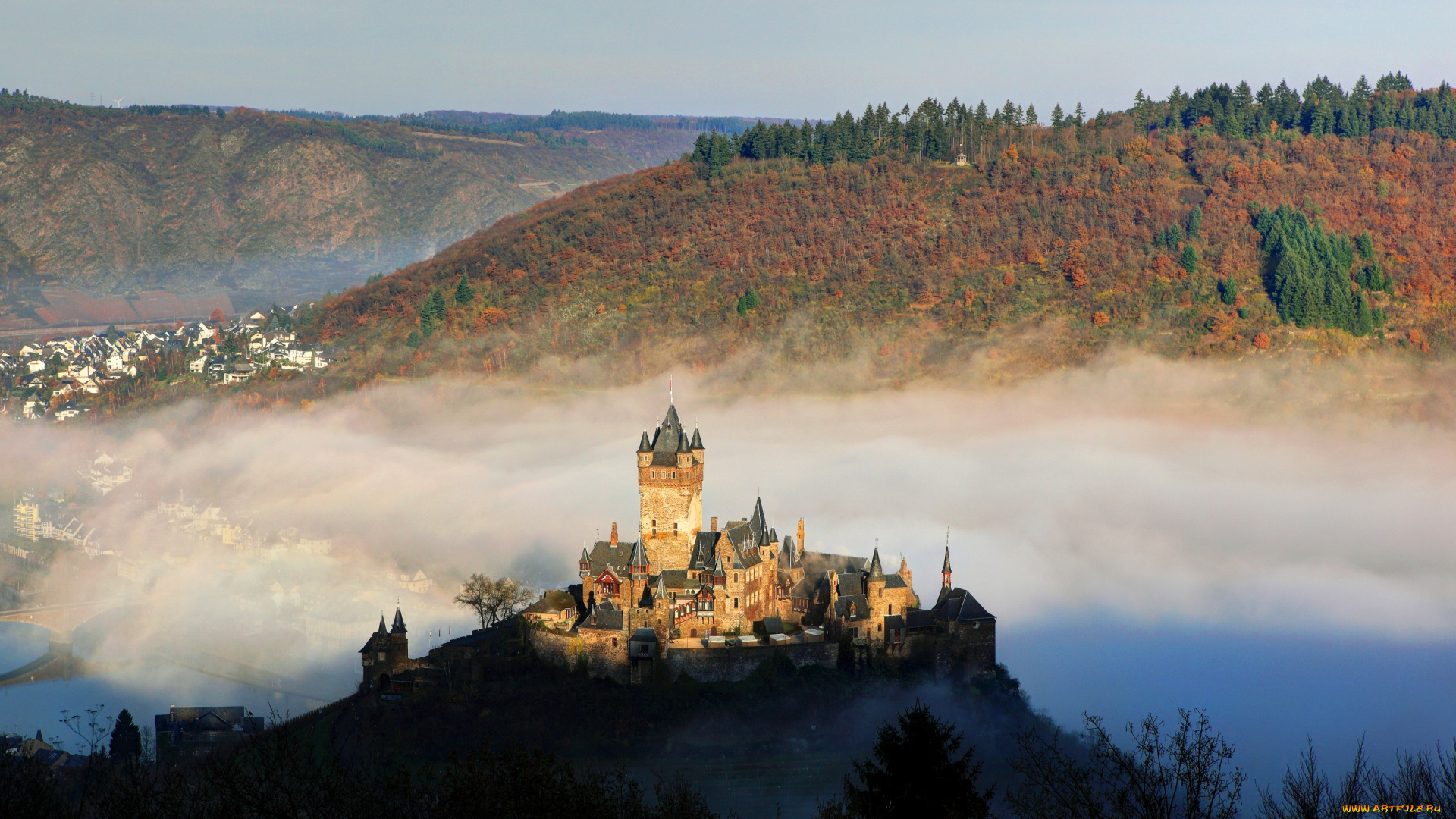 города, замки, германии, замок, горы, reichsburg, cochem, туман, река, вид, сверху, германия