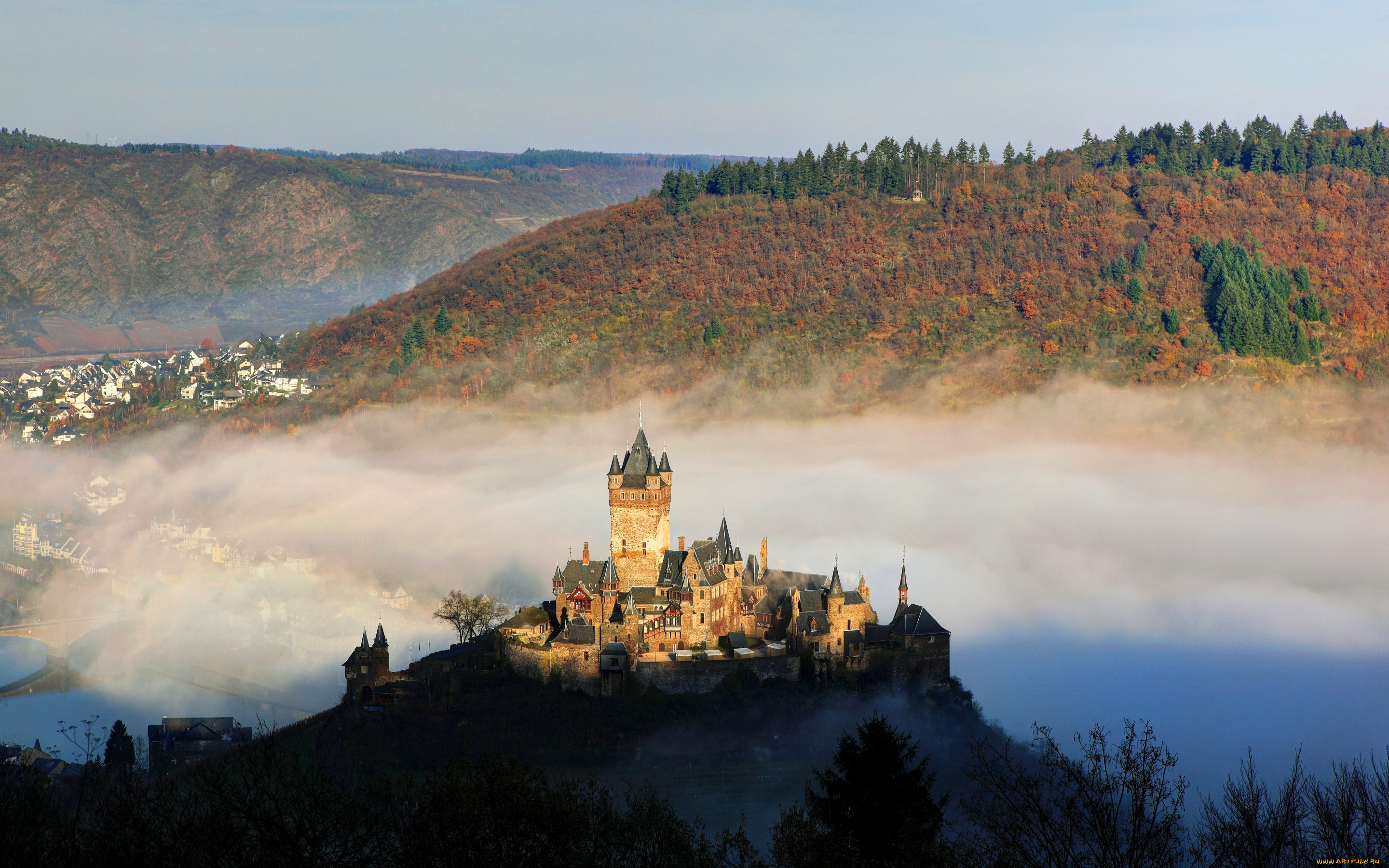 города, замки, германии, замок, горы, reichsburg, cochem, туман, река, вид, сверху, германия