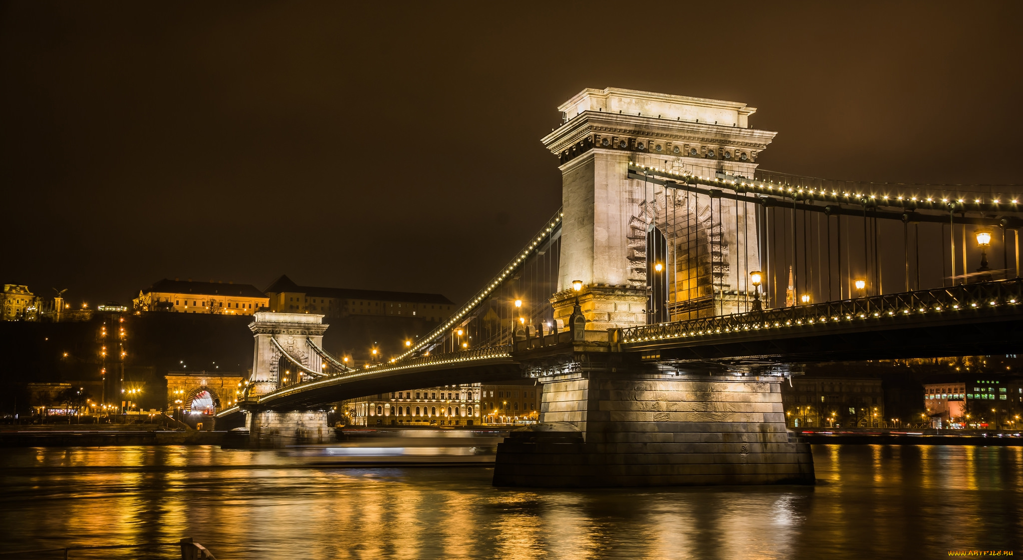 chain, bridgeмост, города, будапешт, , венгрия, река, огни, мост