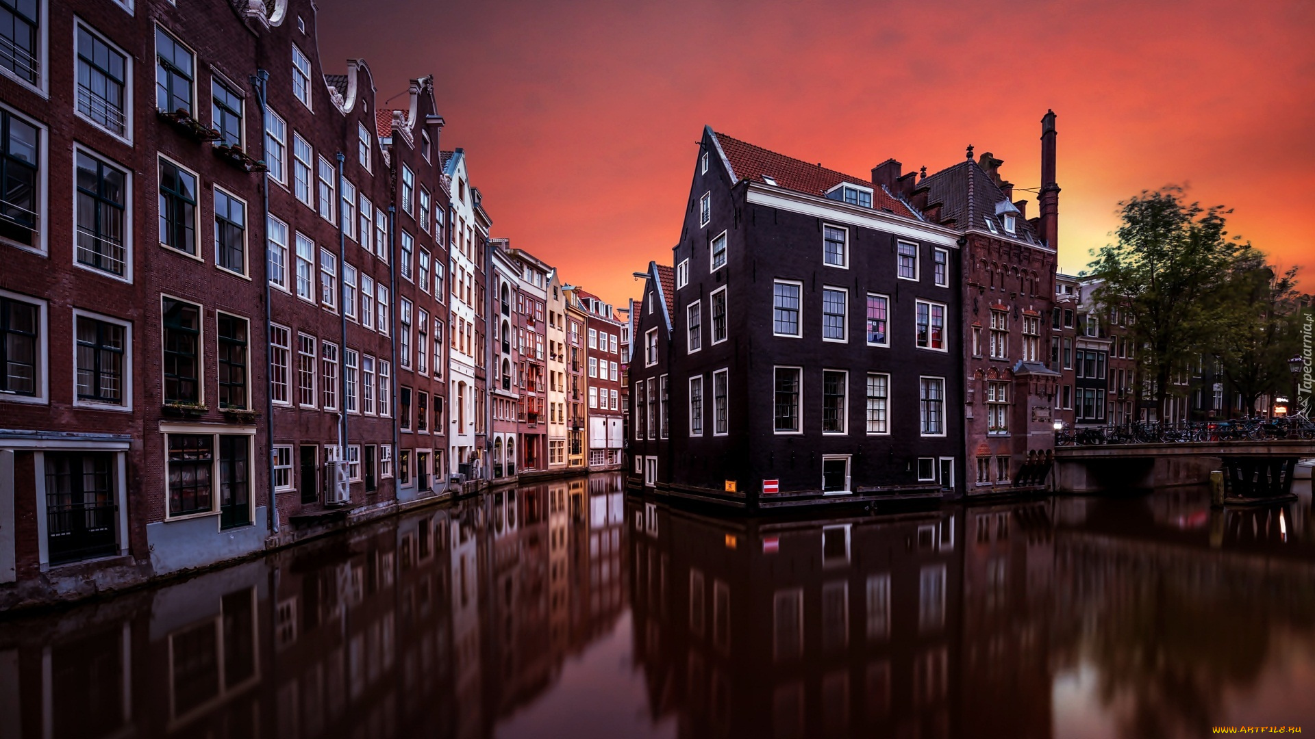 города, амстердам, , нидерланды, дома, канал, закат