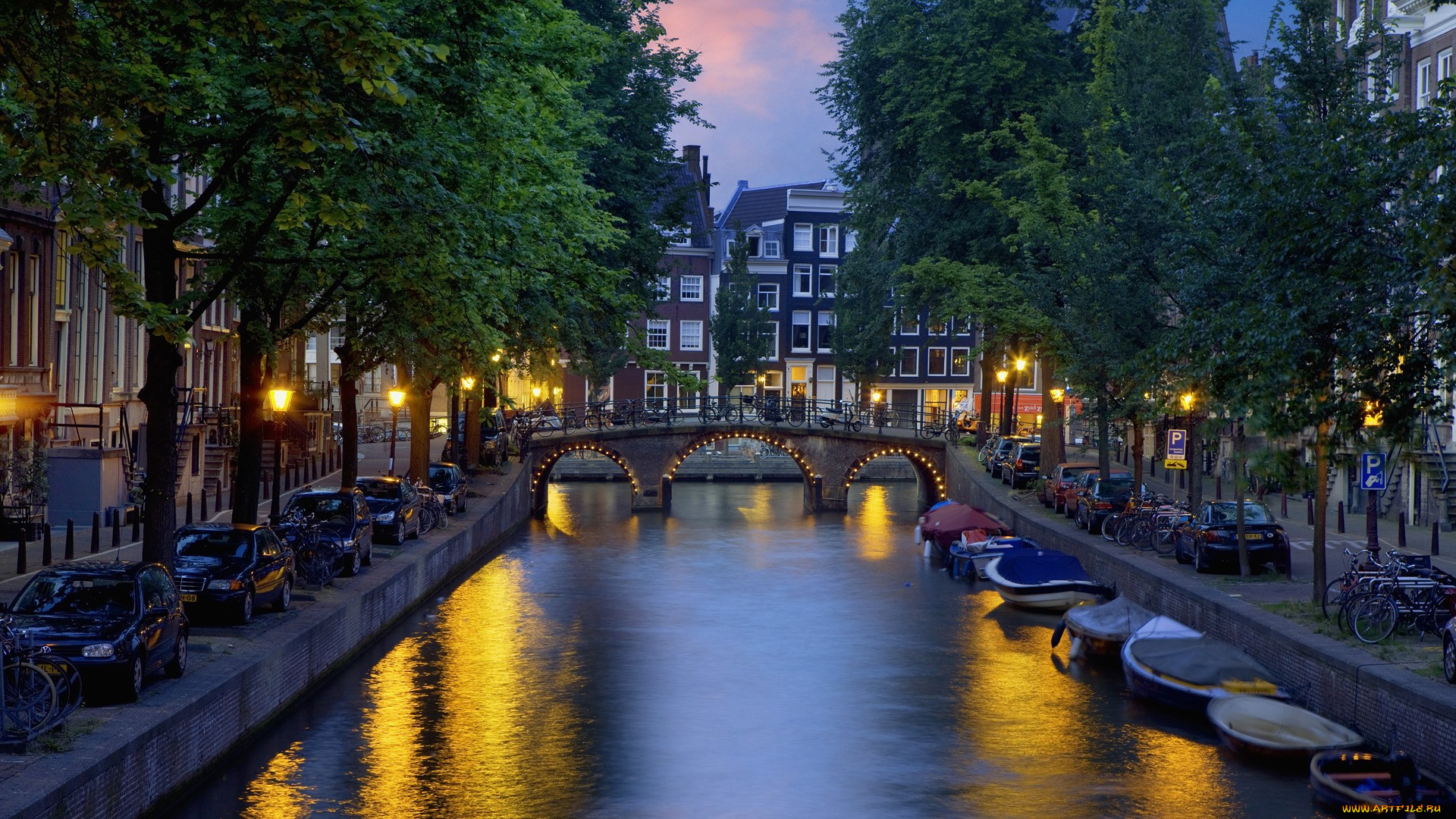 города, амстердам, , нидерланды, вечер, лодки, мост, канал