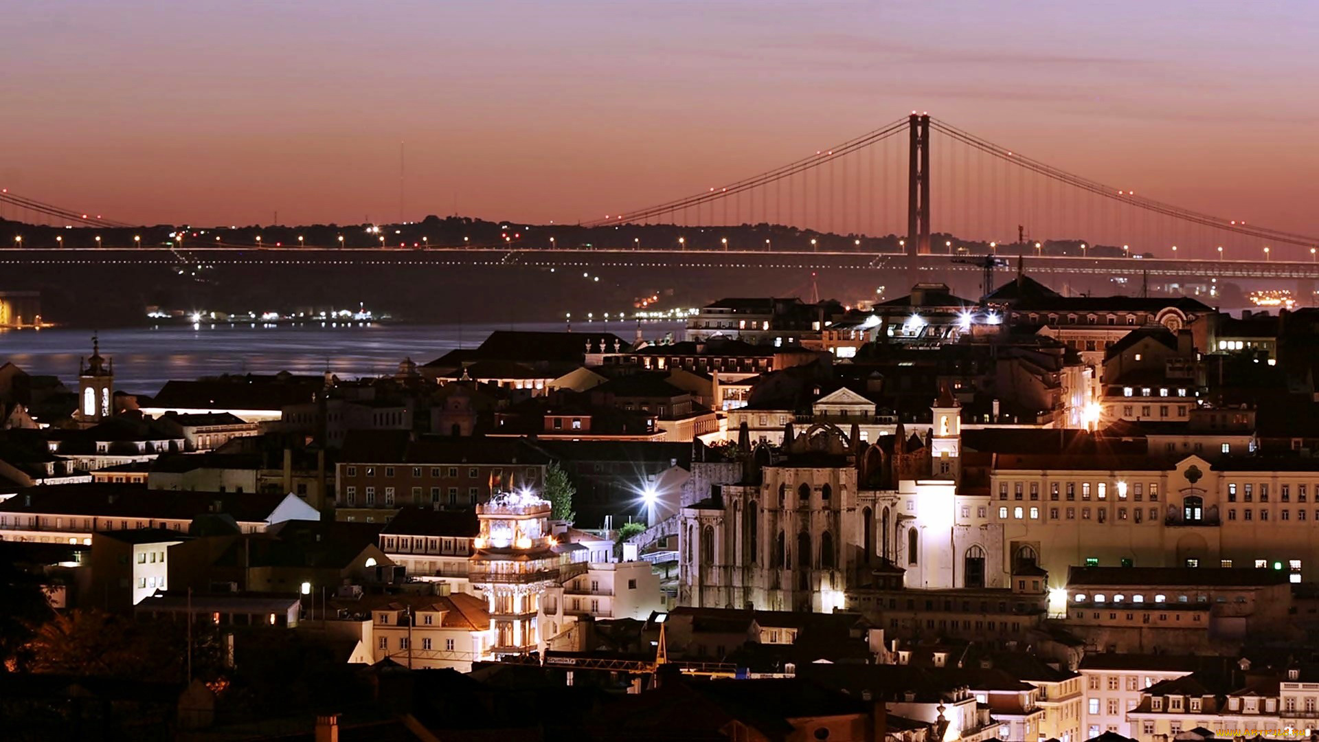 города, лиссабон, , португалия, мост, огни, ночь