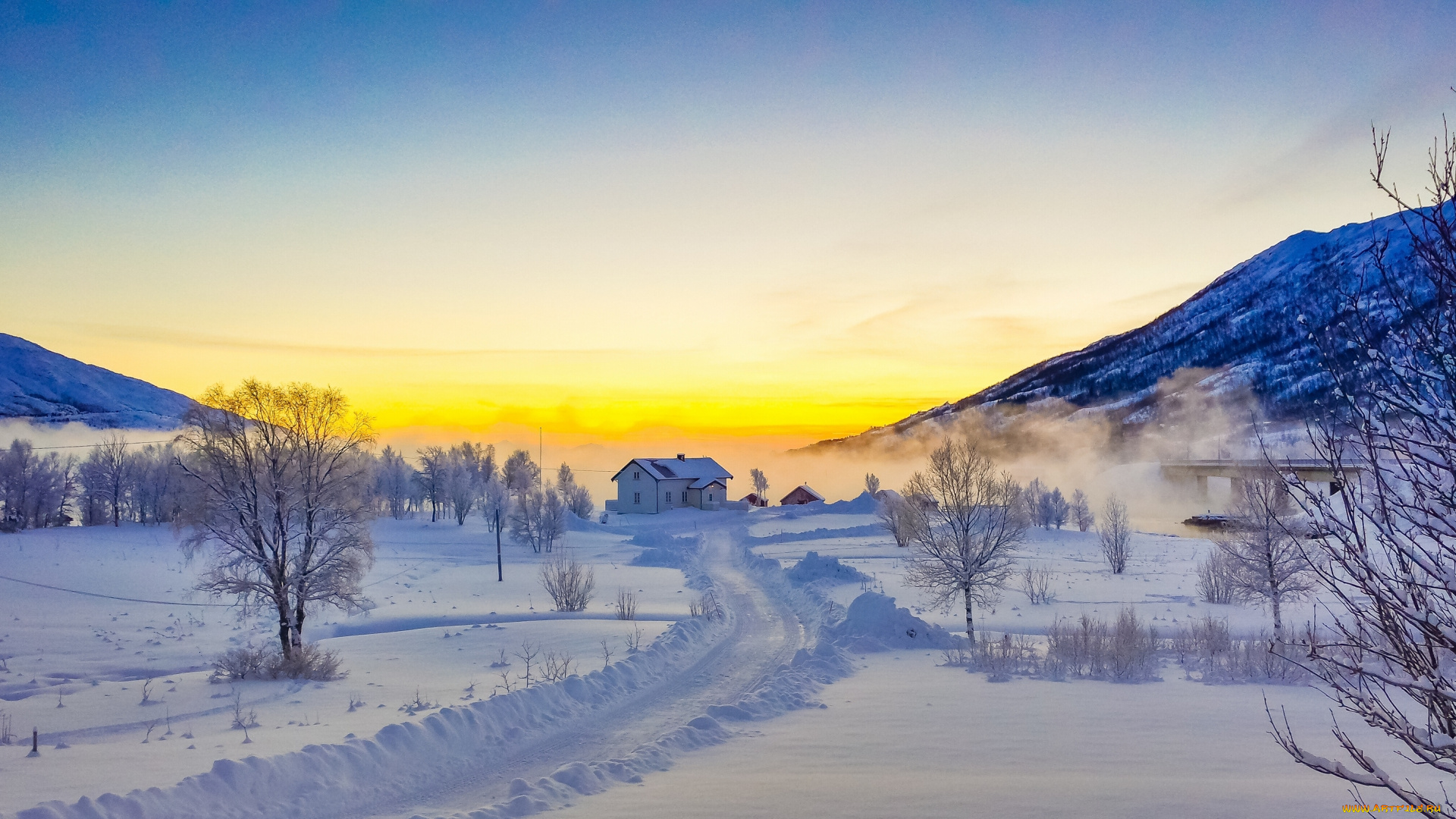 природа, зима, горы, закат, снег, дорога, норвегия, лофотенские, острова, деревья, дом