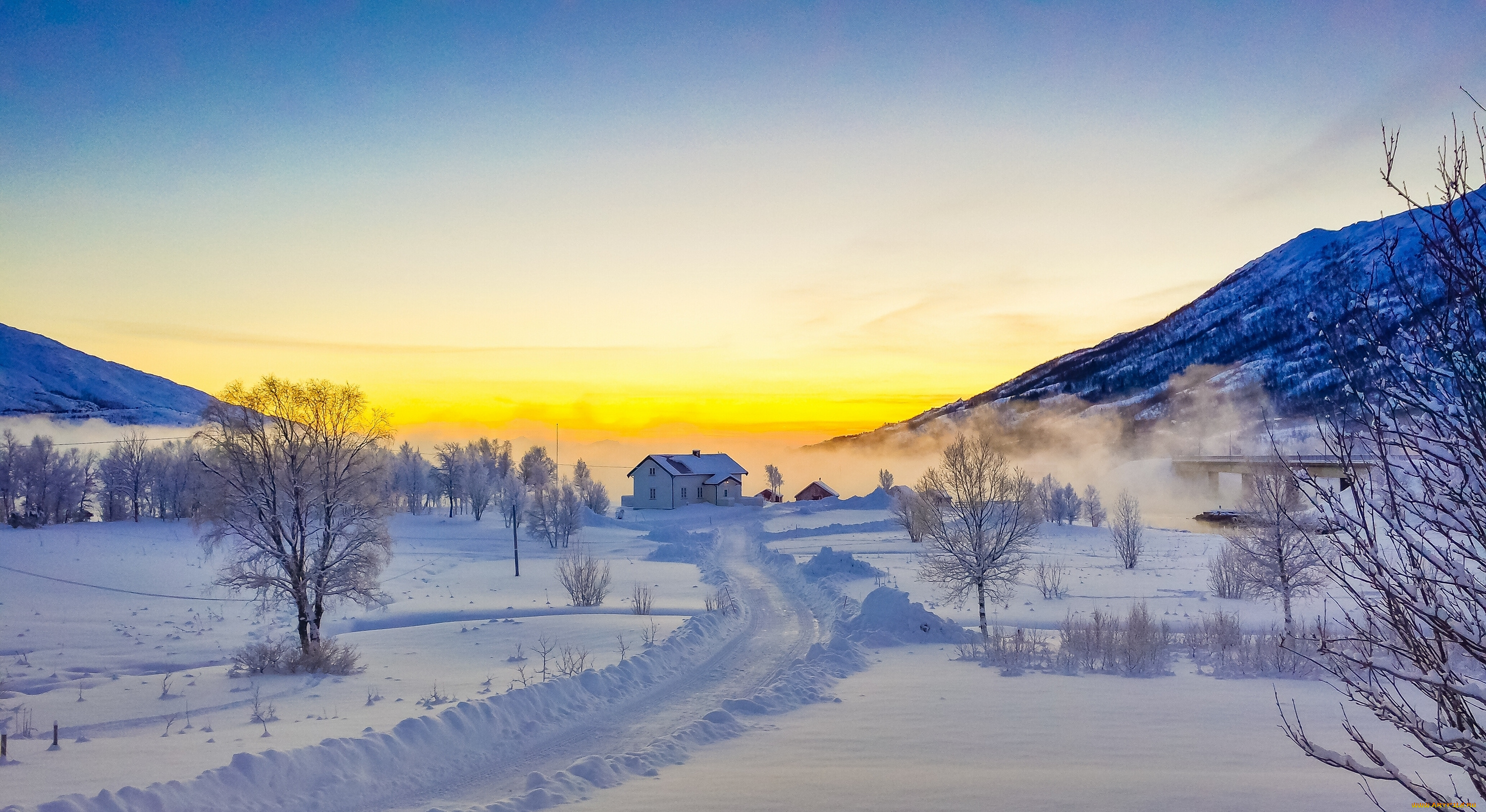 природа, зима, горы, закат, снег, дорога, норвегия, лофотенские, острова, деревья, дом