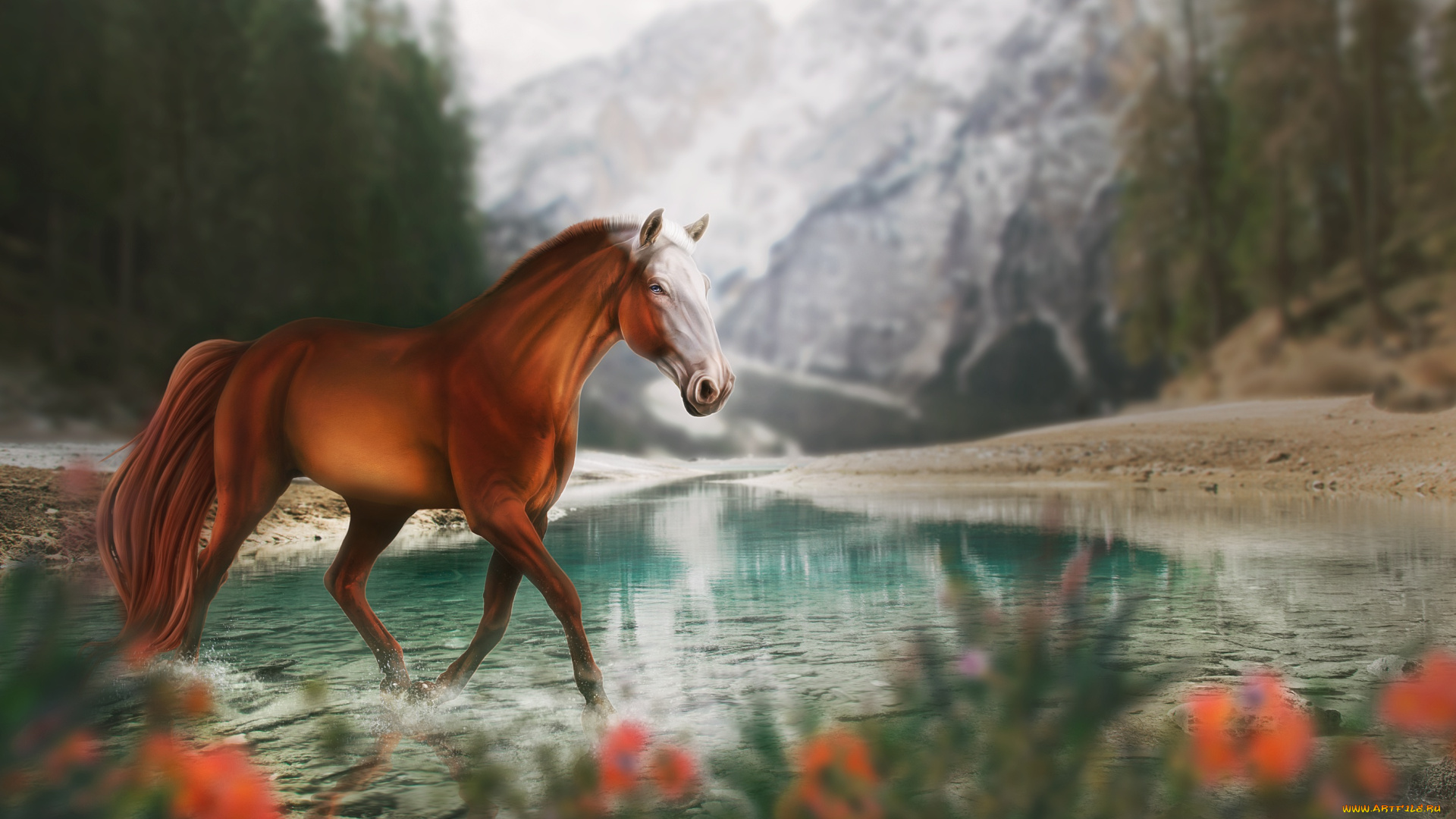 рисованное, животные, , лошади, природа, горы, лошадь, озеро, by, fiirewolf