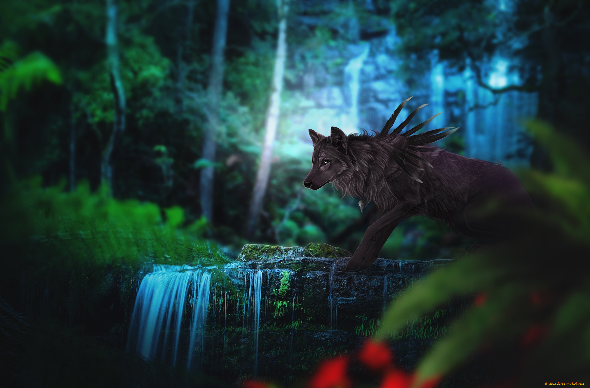 рисованное, животные, , сказочные, , мифические, природа, лес, фэнтези, by, fiirewolf, волк