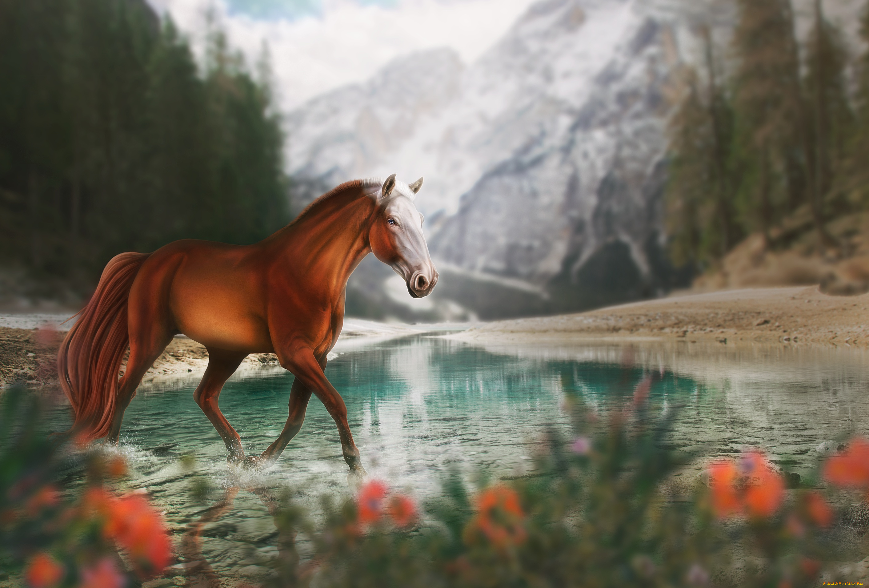 рисованное, животные, , лошади, природа, горы, лошадь, озеро, by, fiirewolf