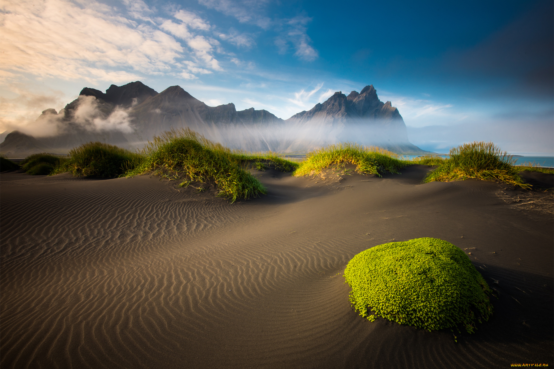 природа, побережье, исландия, горы, мох, песок, море, облака