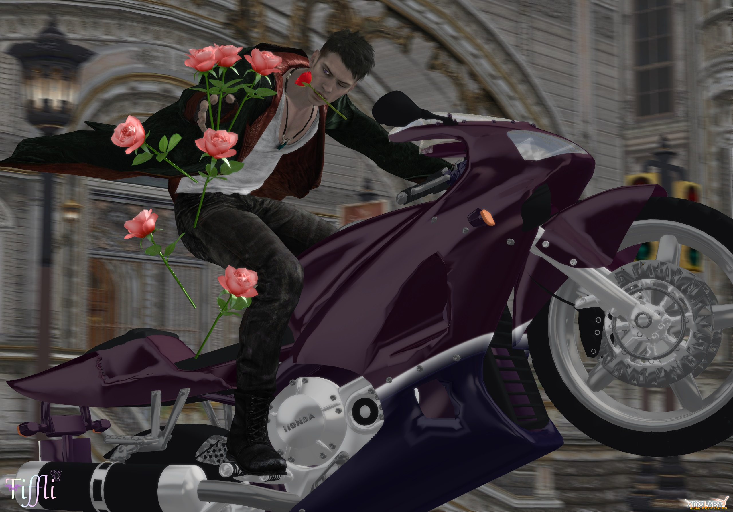 3д, графика, people, люди, мотоцикл, розы, мужчина