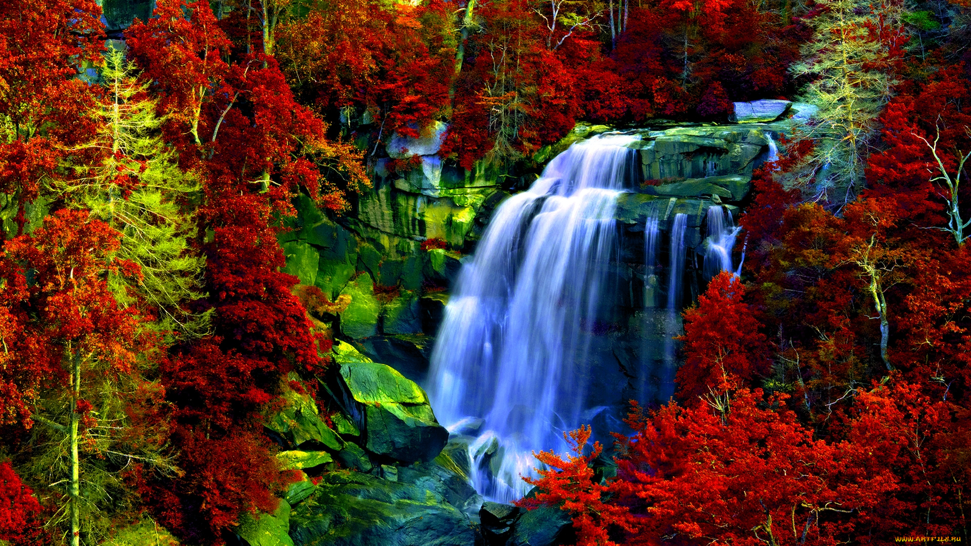 autumn, forest, falls, природа, водопады, лес, скалы, обрыв, водопад, осень