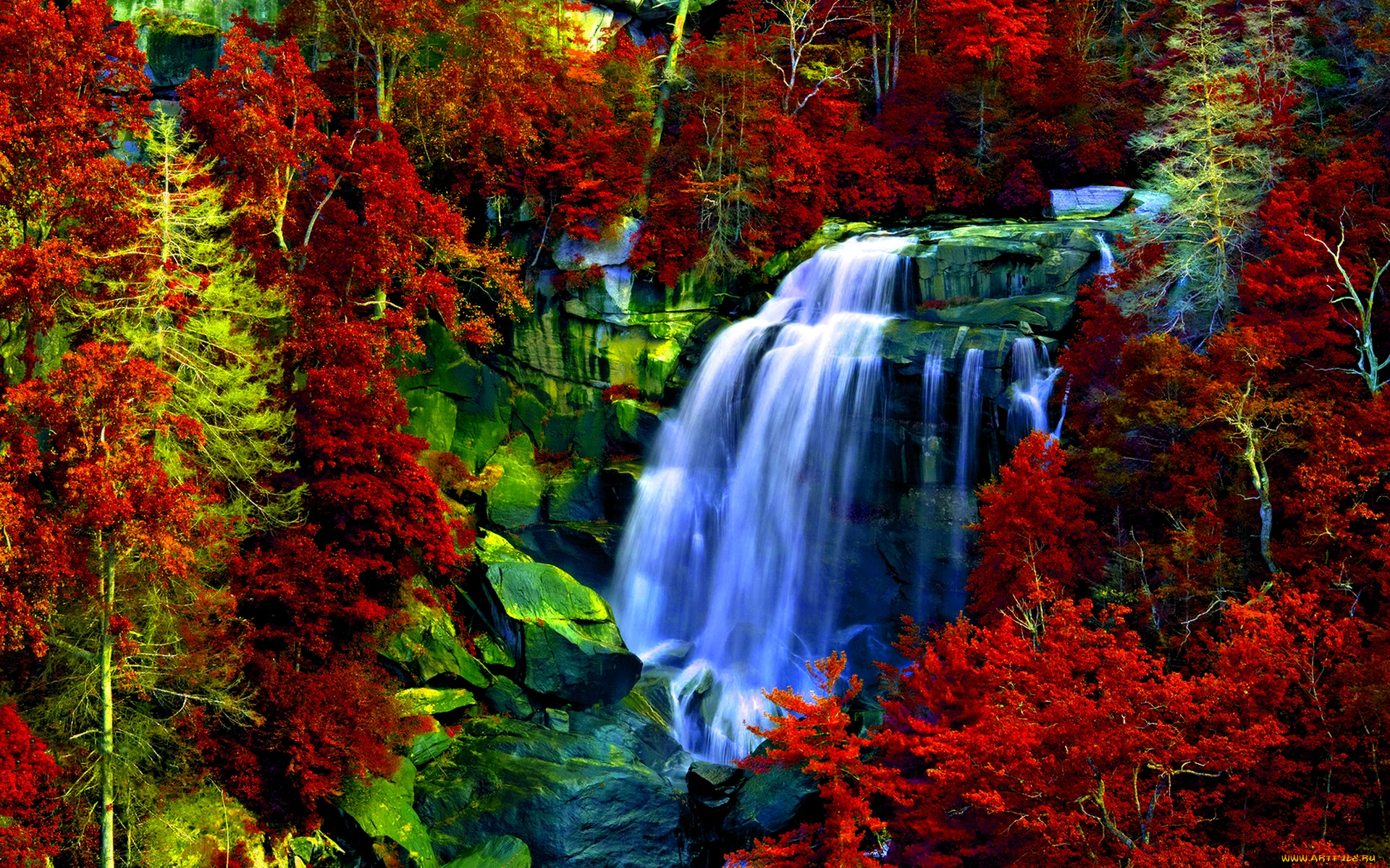 autumn, forest, falls, природа, водопады, лес, скалы, обрыв, водопад, осень