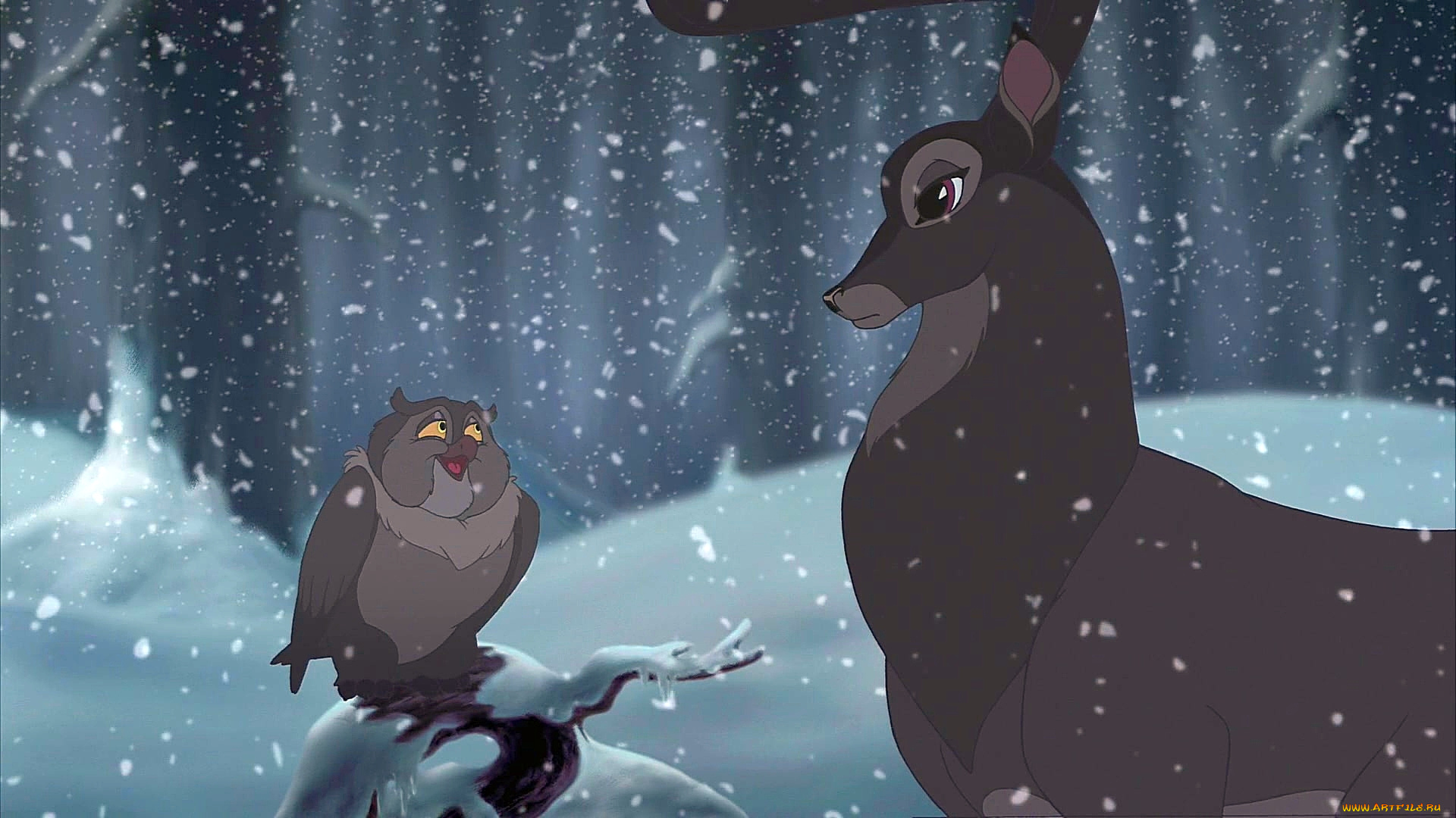 мультфильмы, bambi, 2, олень, зима, снег, сова, птица