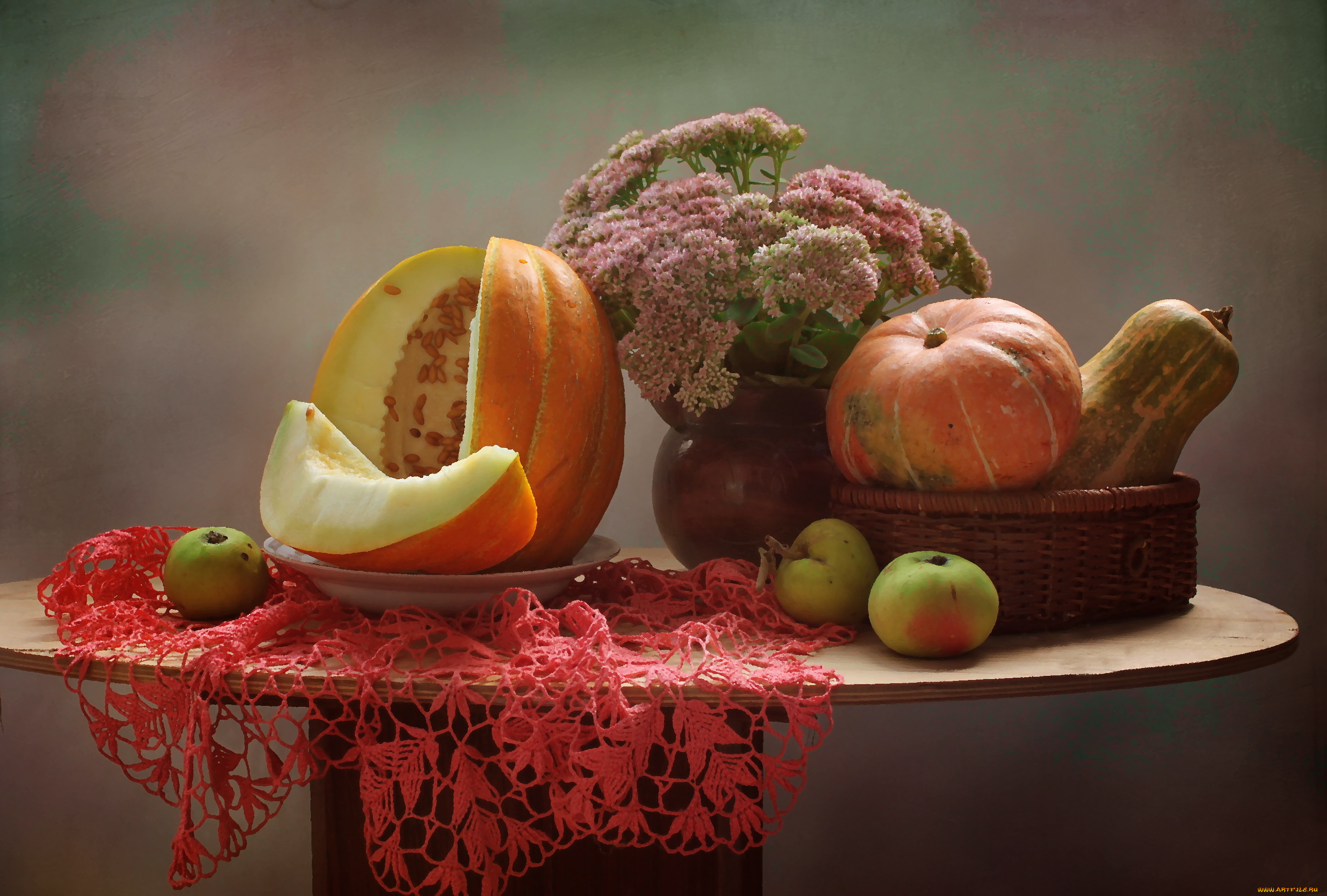 рисованное, еда, осень, тыква, очиток, яблоки, натюрморт, дыня, цветы, сентябрь