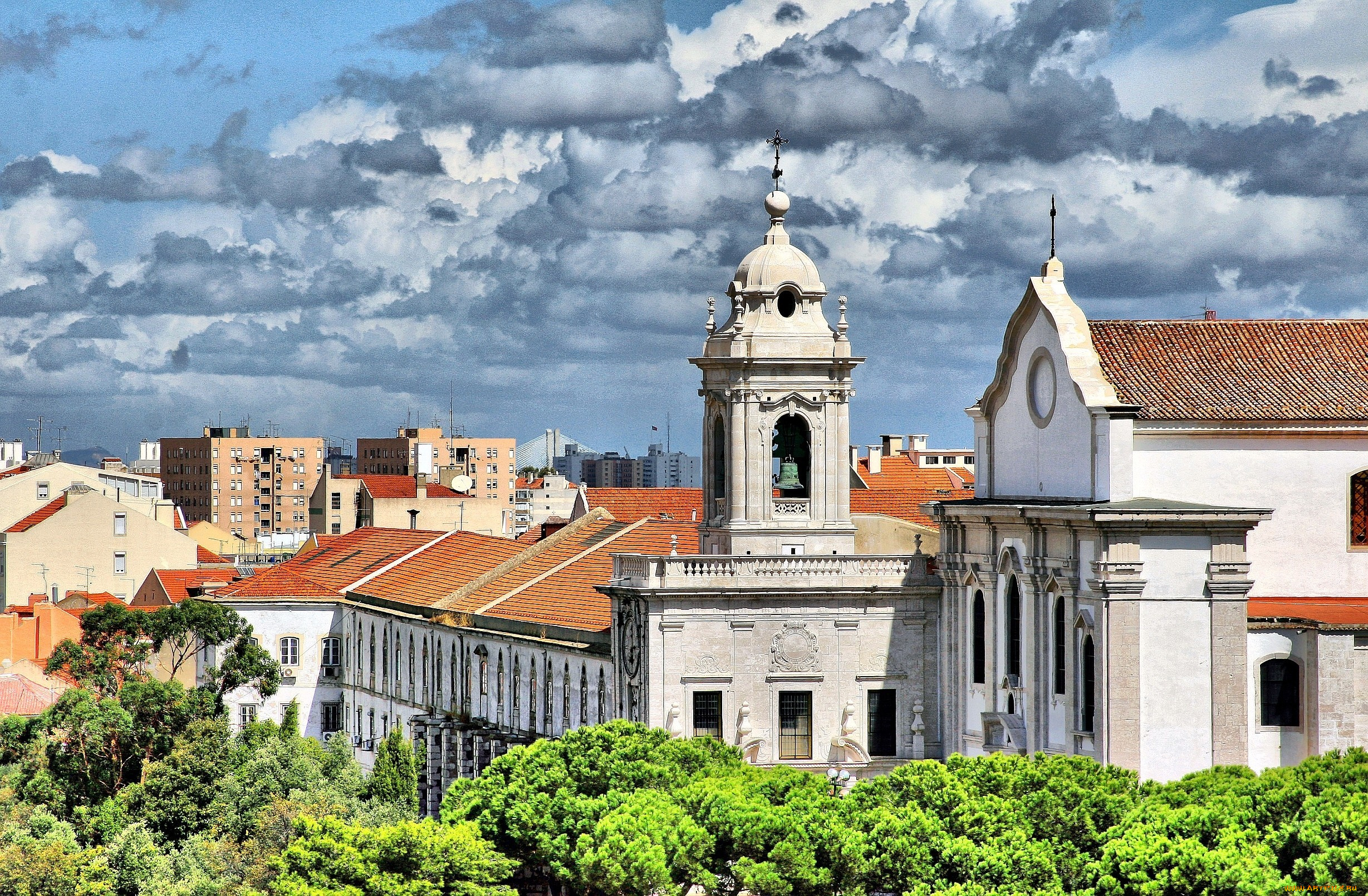 лиссабон, португалия, города, дома, колокольня, крыши