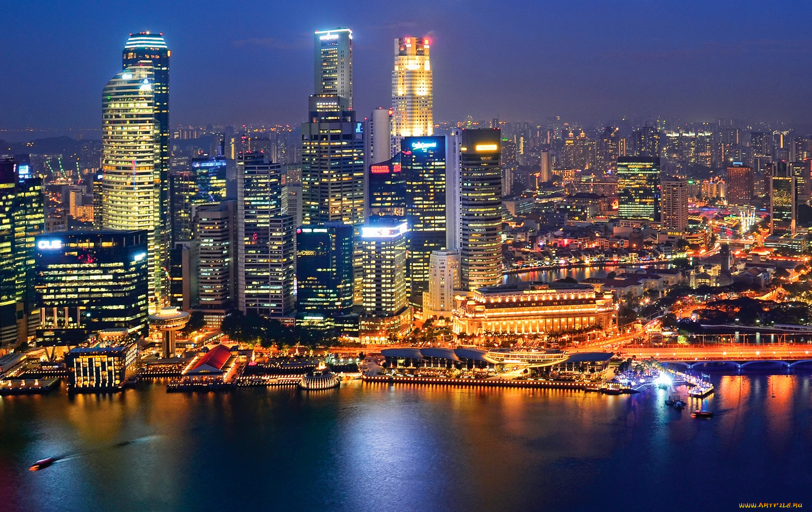города, сингапур, здания, ночь, огни