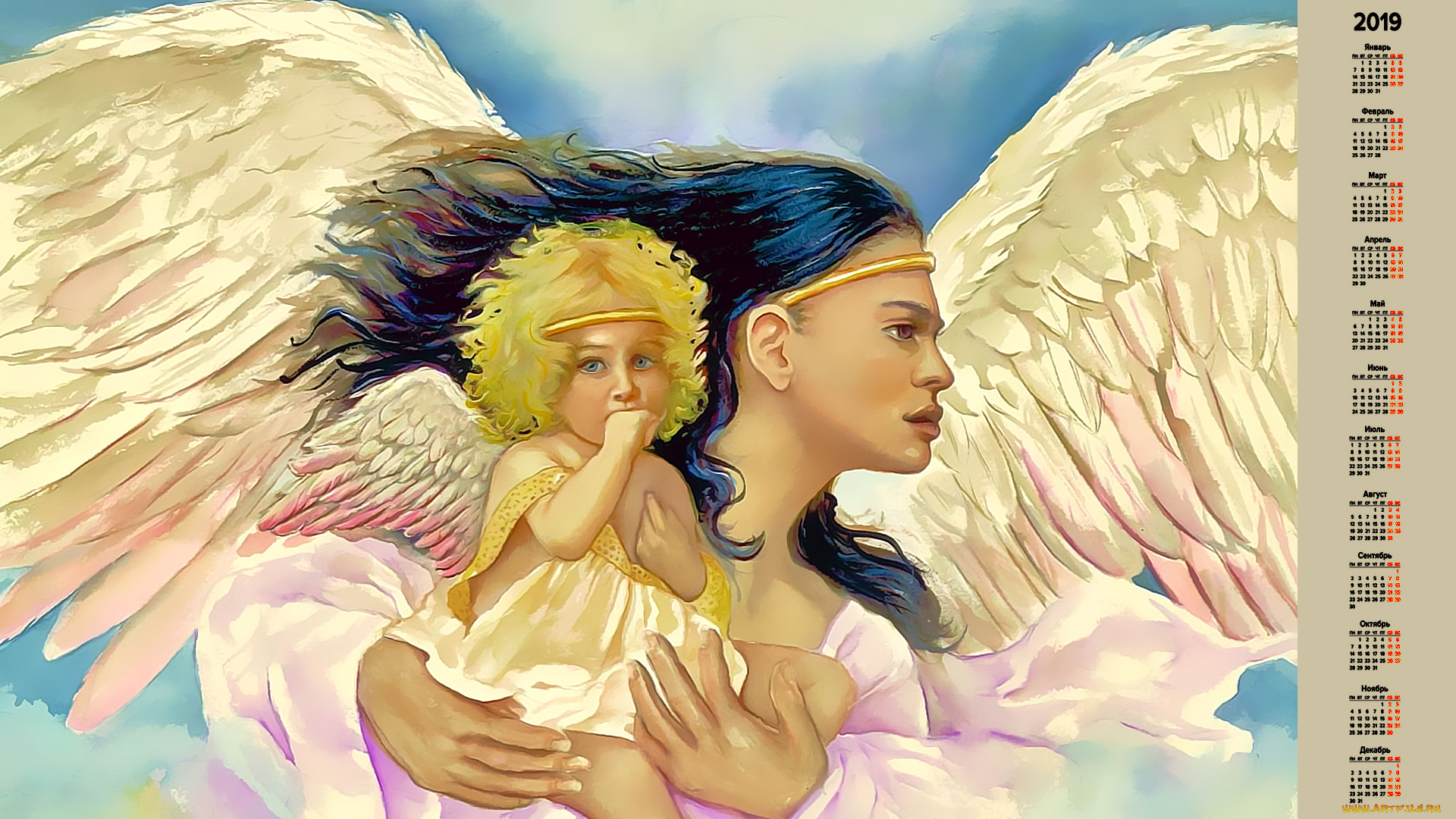 календари, фэнтези, ребенок, крылья, женщина, ангел