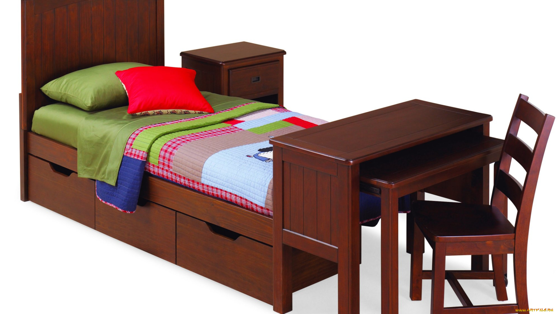 интерьер, мебель, кровать, подушки, тумбочка