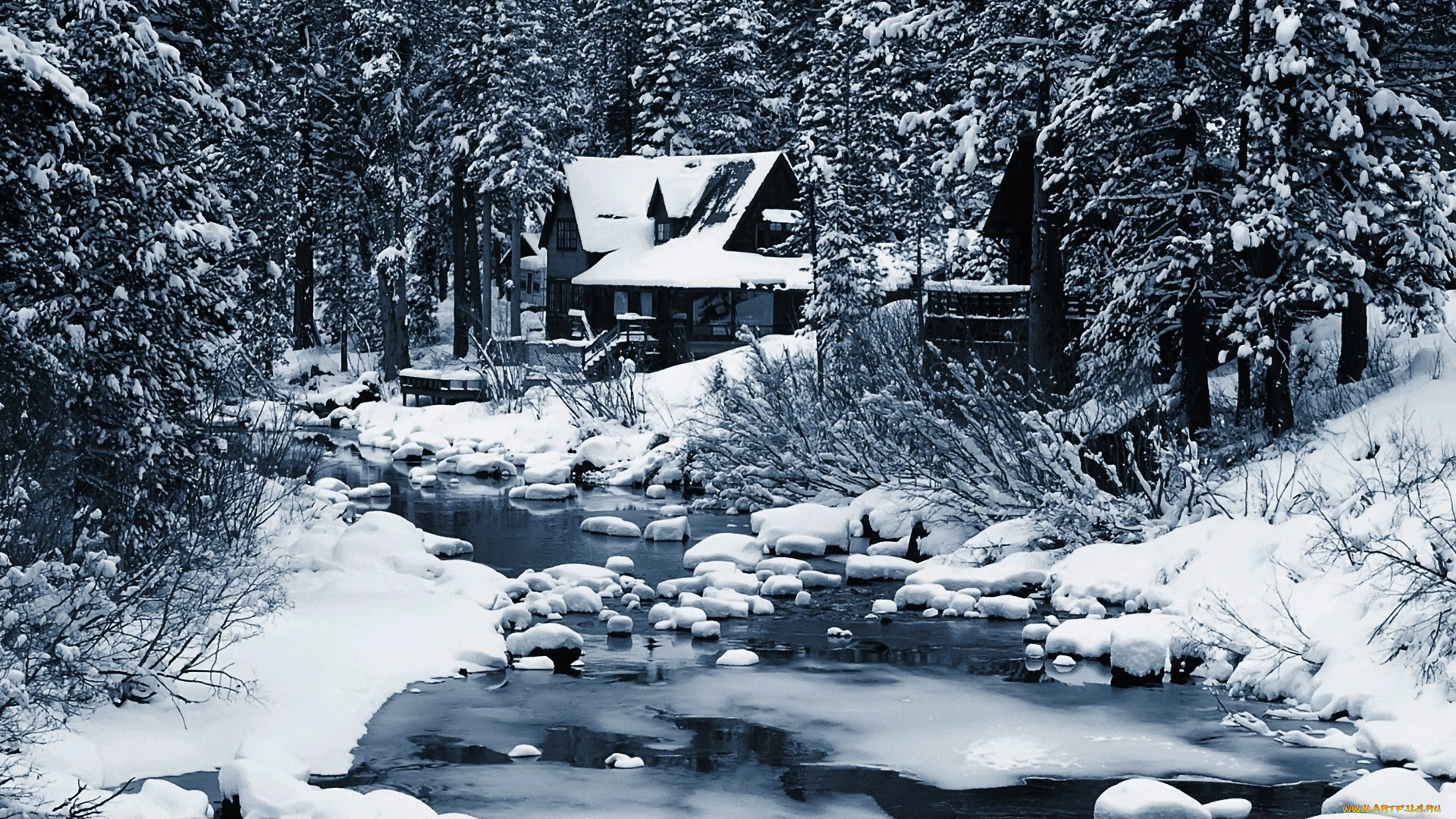 природа, зима, домик, река, снег, лес