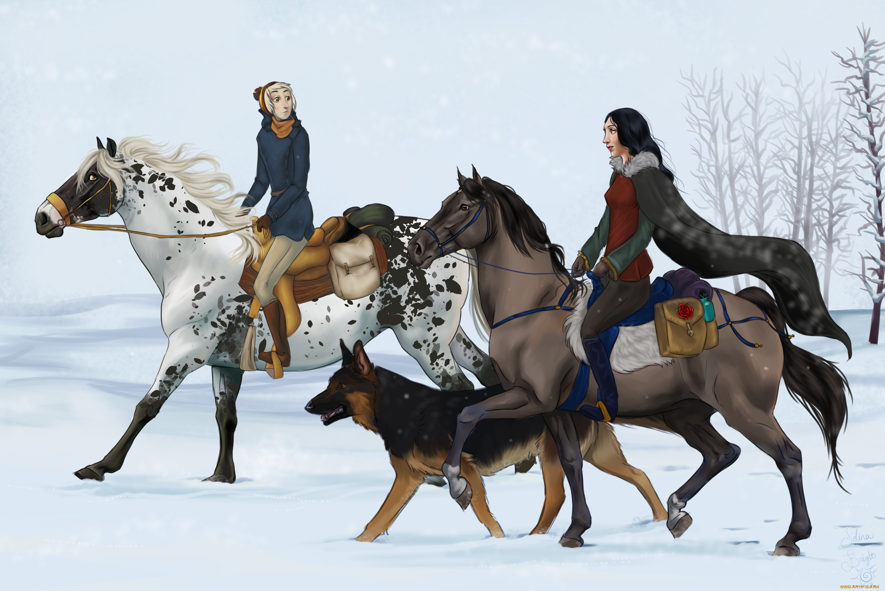 рисованное, люди, снег, девушки, собака, лошади