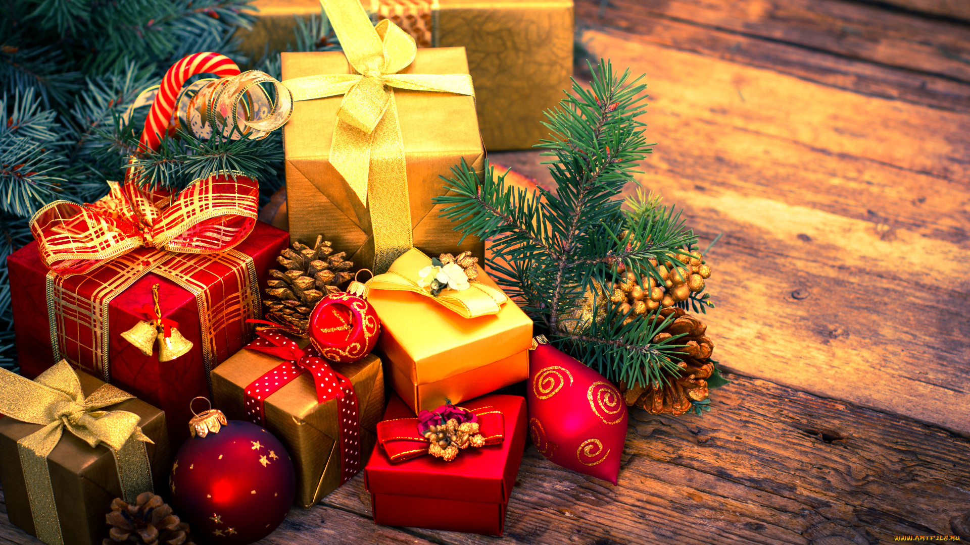 праздничные, подарки, и, коробочки, подарки, свечи, рождественские, украшения, c, новым, годом, шары