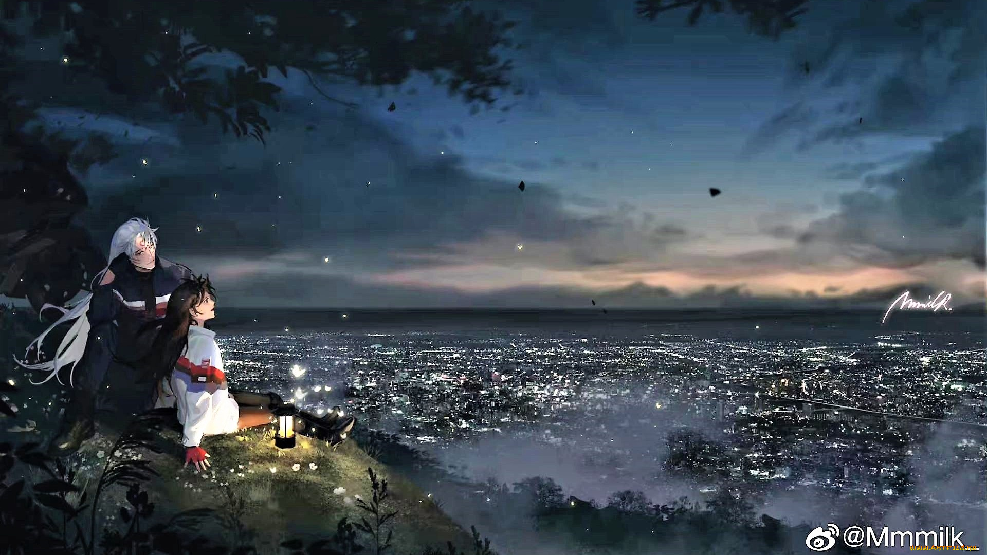 аниме, inuyasha, парень, девушка, фонарь, панорама, город