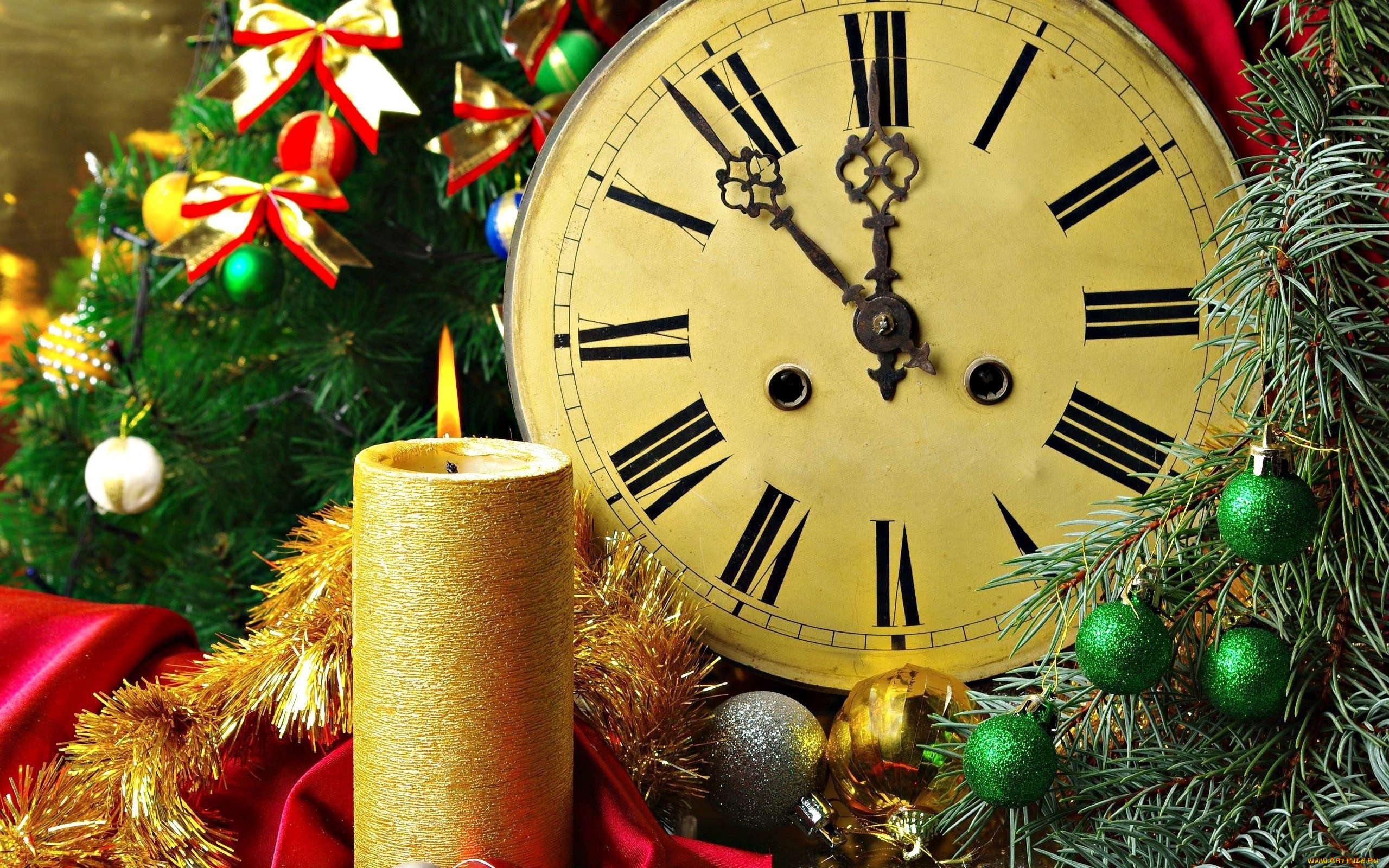 праздничные, разное, новый, год, свеча, мишура, часы, циферблат, шарики