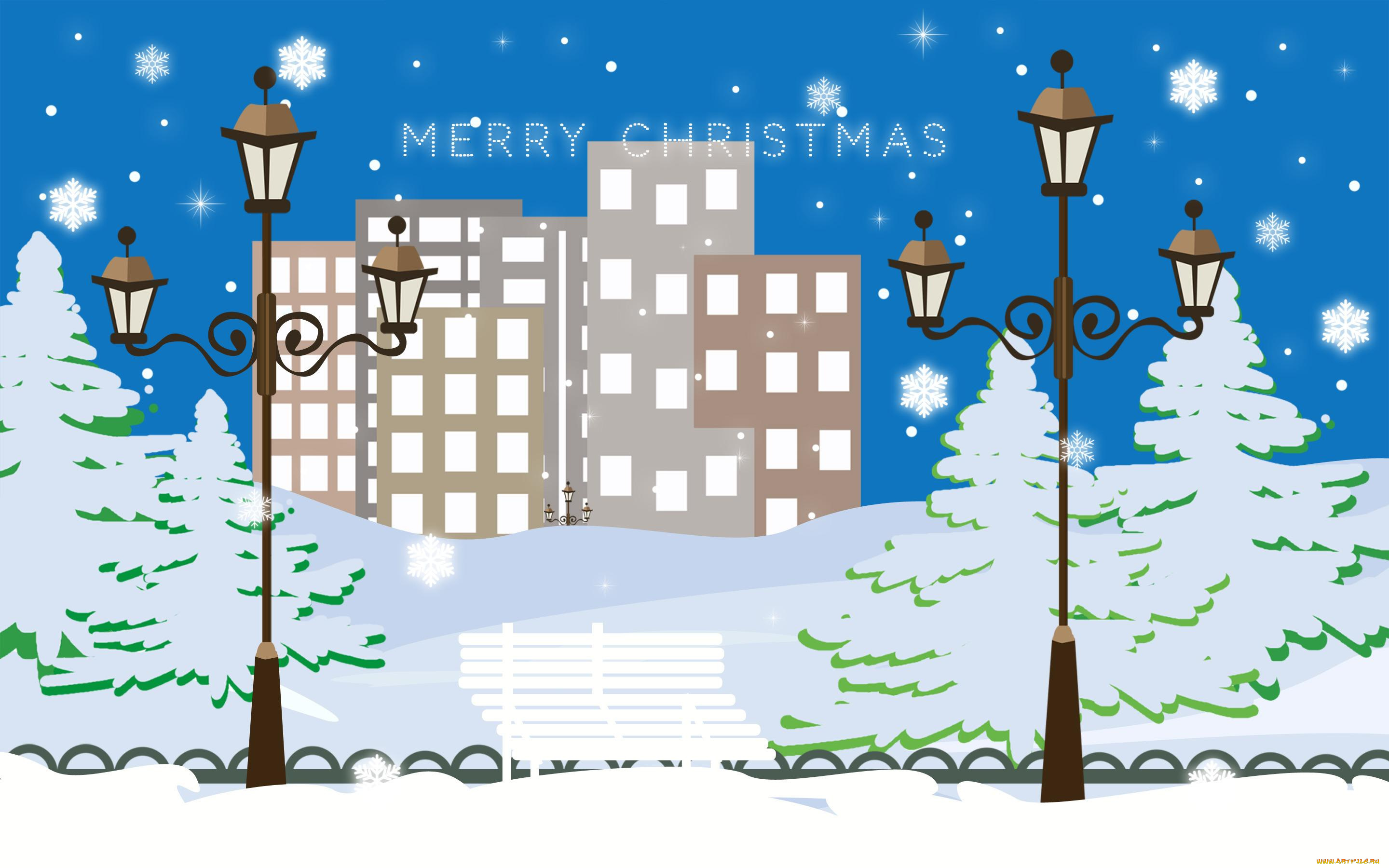 merry, christmas, праздничные, векторная, графика, новый, год, город, улица, здания, фонари, зима