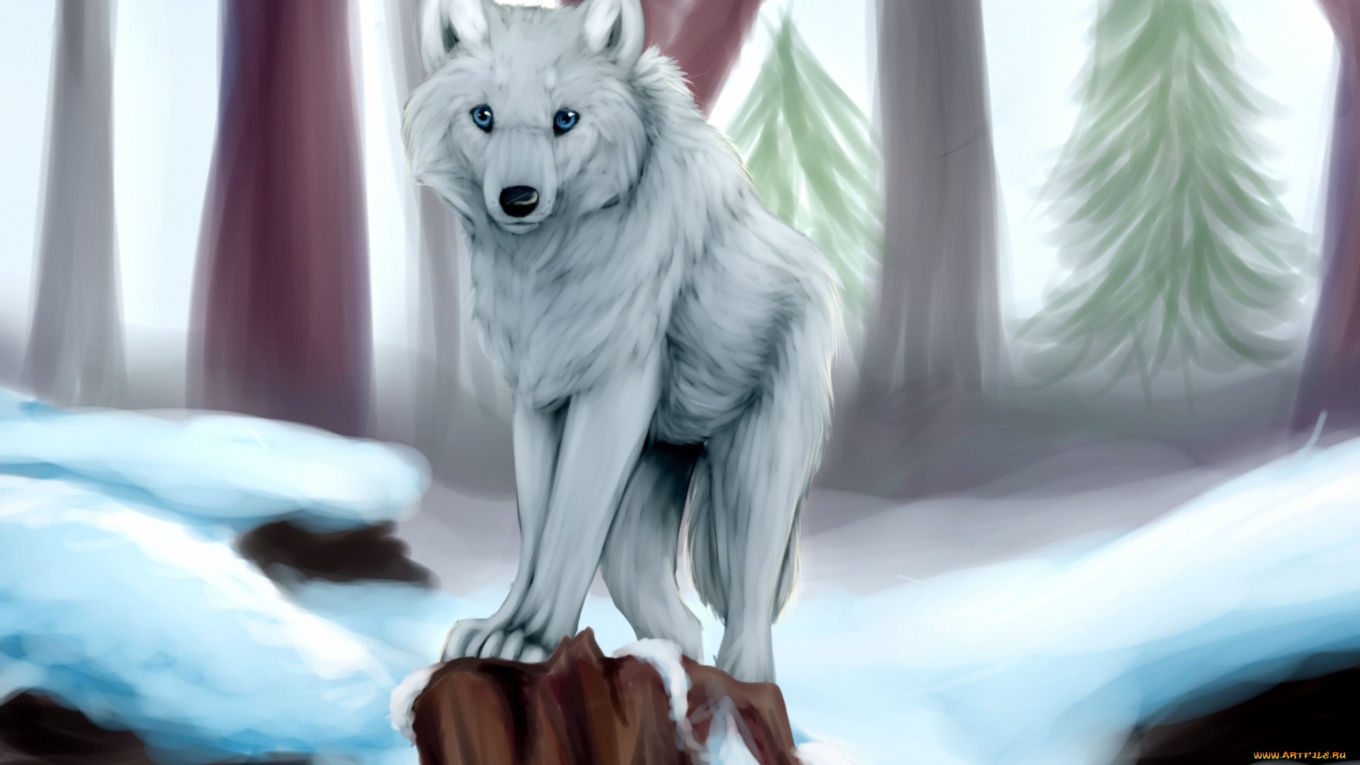 рисованные, животные, , волки, снег, лес, волк